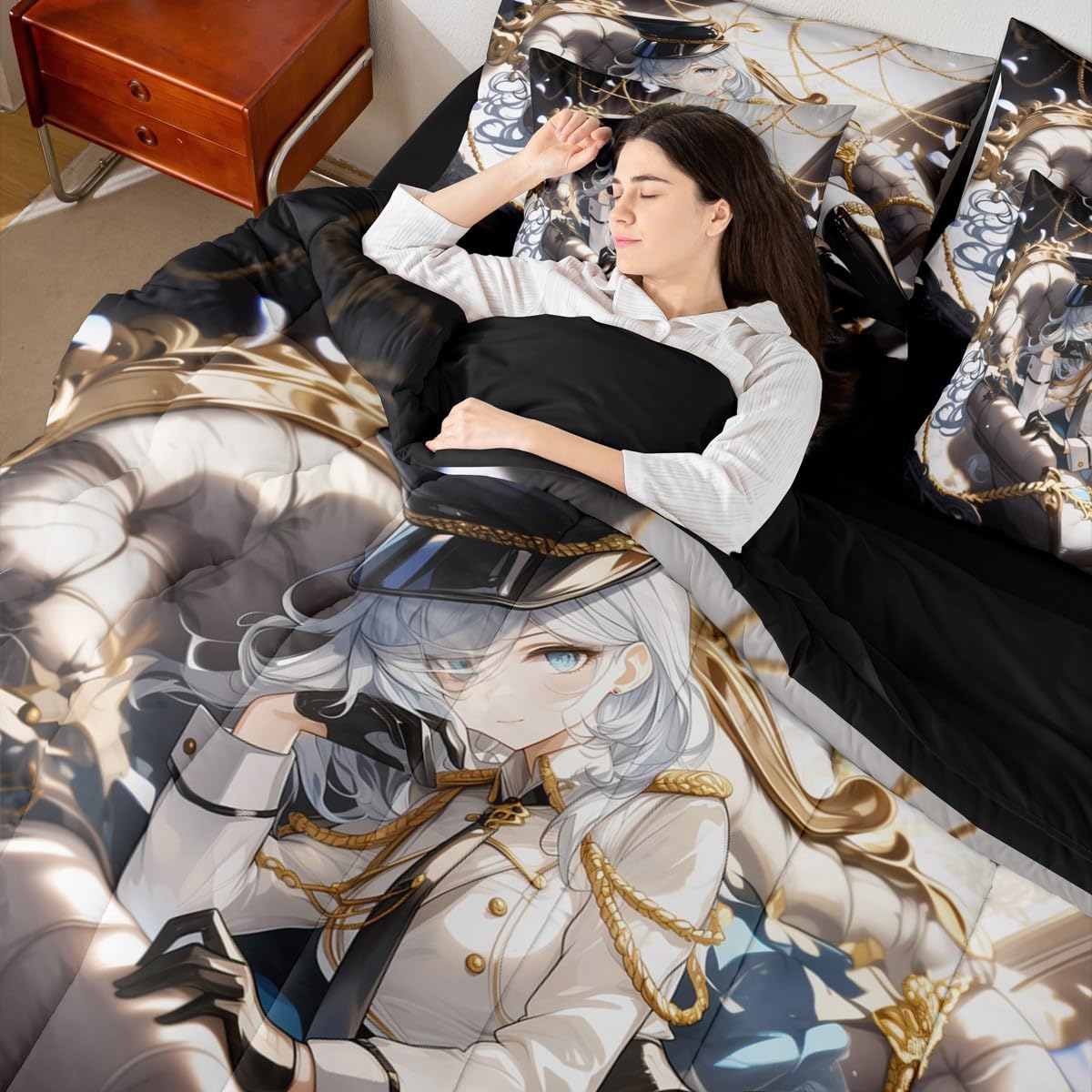 Erosebridal Anime Girl Queen 7 Piece Bedding Set for Kids, Kawaii Japanese Anime Bed in A Bag Cartoon Girl Comforter Set with Sheets for Girls Boys Teens Men Room, Japanese Animation Bed Sets
