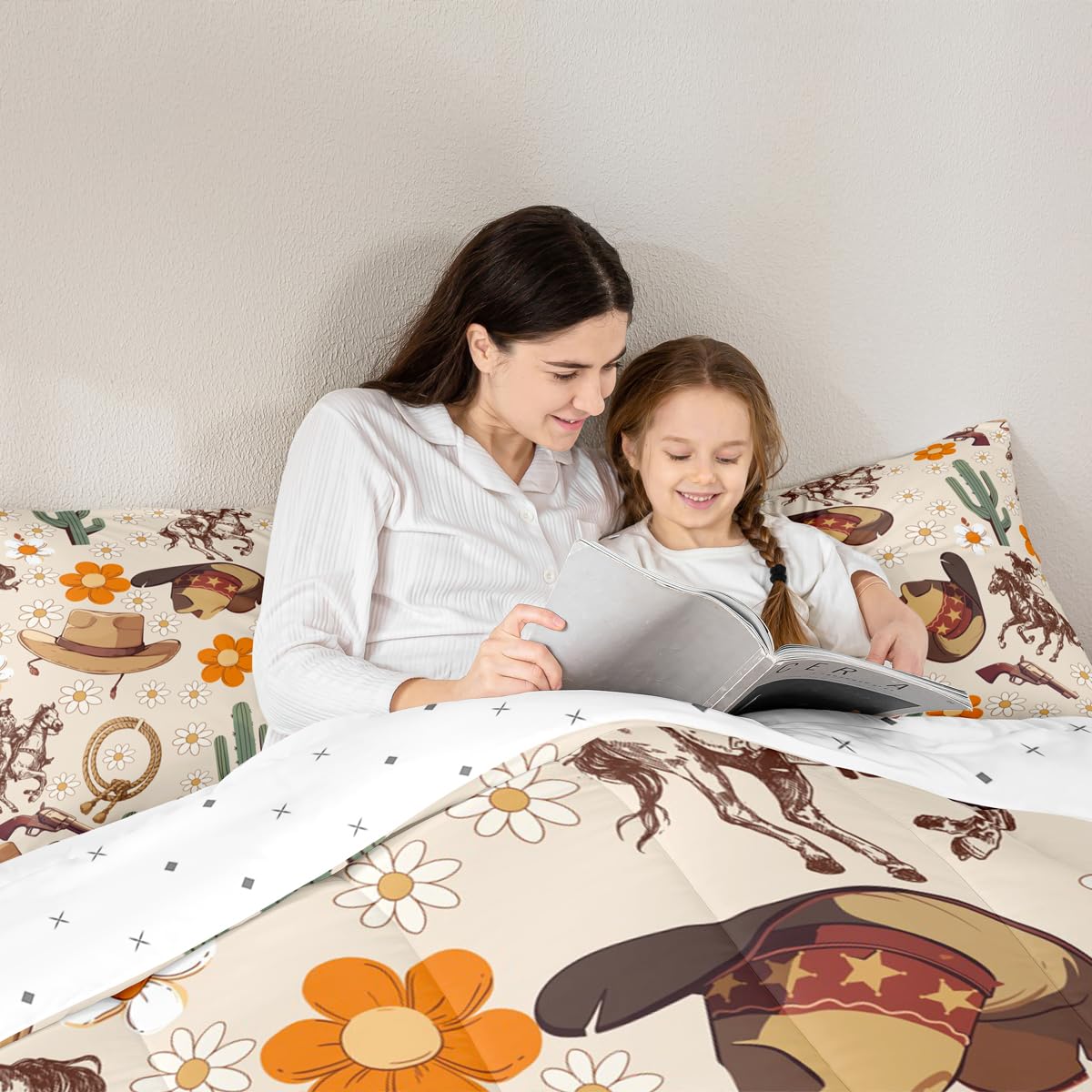 Feelyou Western Comforter Set All Season Cowgirl Floral Bedding Set with 2 Pillow Cases Western Cowboy Boots Kids Full Bedclothes Wild West Cactus Flower Bedroom Decor Pale Beige Duvet Quilt Soft
