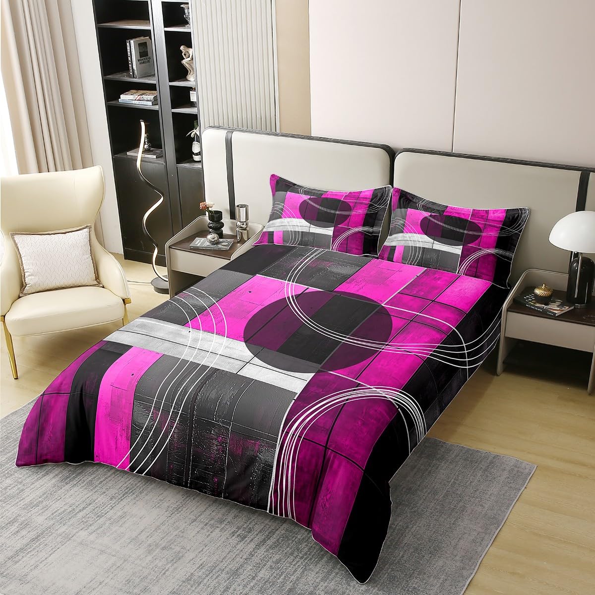 jejeloiu Purple Black Duvet Cover 100% Cotton King Size Kids Abstract Geometric Comforter Cover for Boys Girls Teens Modern Art Bedding Set Breathable Soft Room Decor