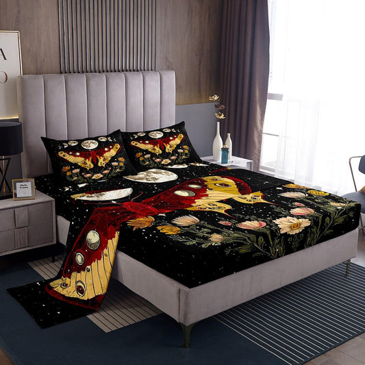 Feelyou Boho Moth Sheet Set Queen Size Kids Sun Moon Sheets with Deep Pocket Fitted Sheet for Boys Teens Gothic Bed Sheets Set Breathable Death Moth Bedding Set Botanical Floral Printed Bed Set