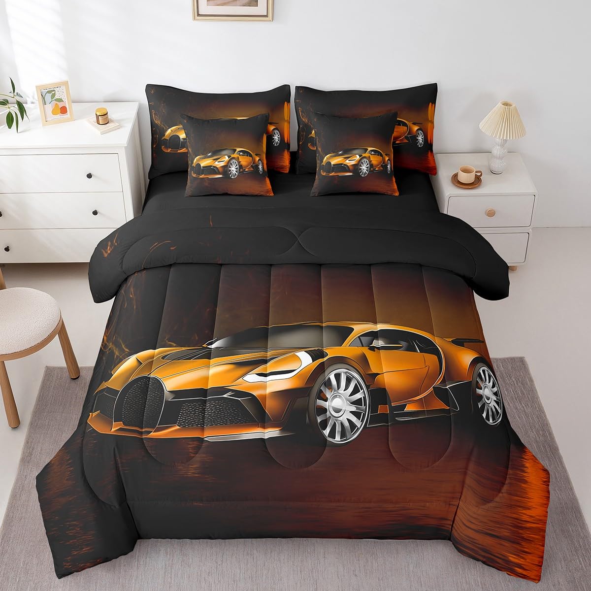 Feelyou Race Car 7 Piece Bedding Set Toddler Twin, Orange Racecar Bed in a Bag for Kids Boys Girls Comforter Set with Sheets Cool Speed Sports Car Bedroom Decor 7 with 1 Pillowcase