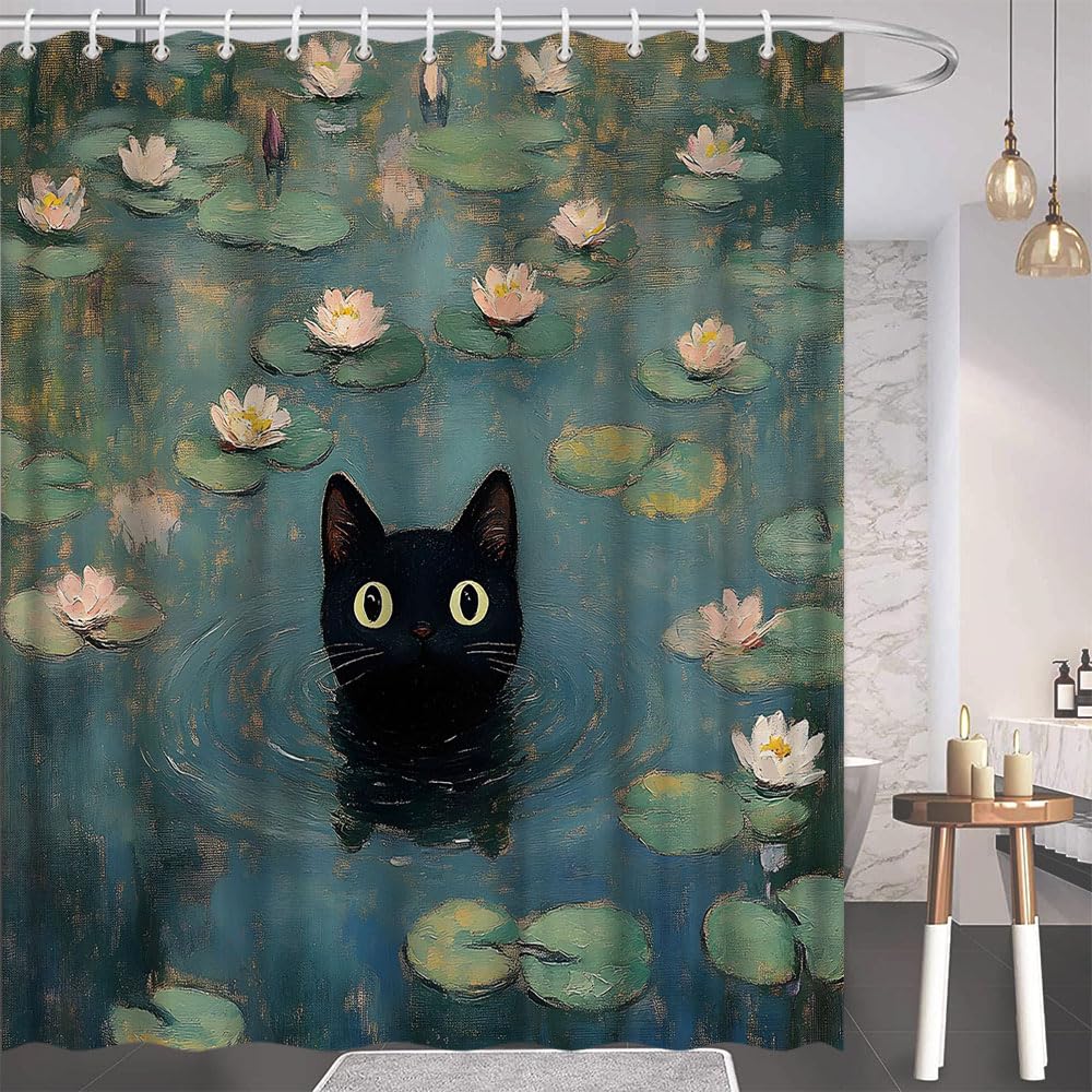 ZFMRZF Black Cat Shower Curtain, Waterlily Pond Oil Painting Style, Cute Kitten Bathroom Decor Polyester Curtains Set with Hooks 70x70 Inch