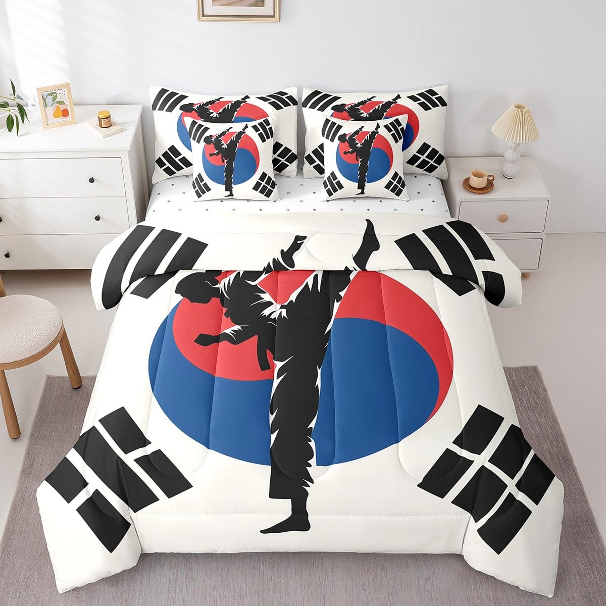 Feelyou Kids Taekwondo Comforter Set Full Size 7 Pieces Boys Girls Kungfu Karate Bedding Set Martial Art Korean Flag Style Bed in a Bag with Comforter, Sheets, Pillowcases & Cushion Cover