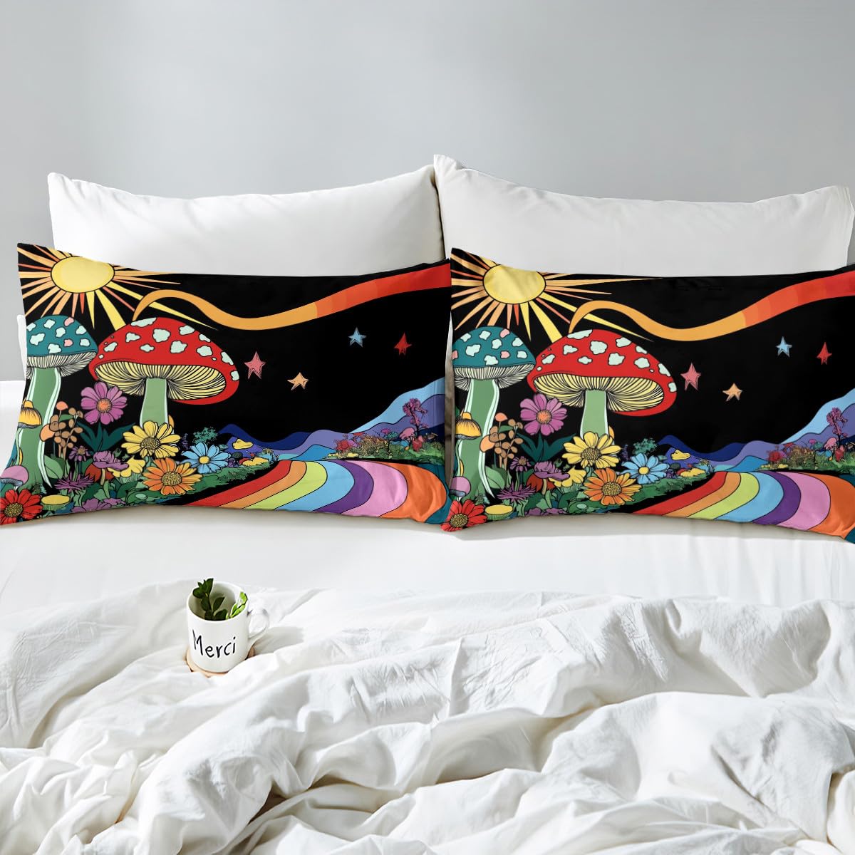 Erosebridal Trippy Mushroom Sheet & Pillowcase Sets Groovy Floral Bed Sheets Rainbow Striped Sheet Set Queen Hippie Boho Eye Sheets Starry Night Bedding 70s Theme Decor with 2 Pillowcase