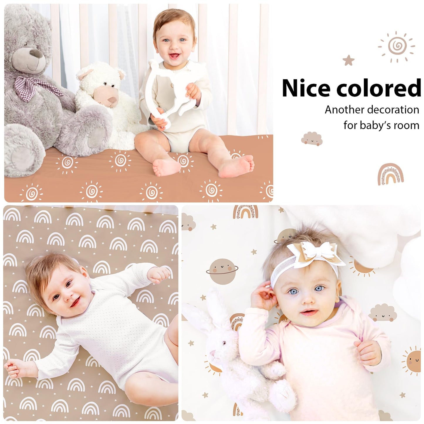 FIEMOL Baby Crib Sheets for Boys and Girls, 3 Pack Fitted Toddler Bed Sheets Neutral for 52”x28” Standard Crib and Toddler Mattresses, Super Soft Microfiber Orange Sun Rainbow