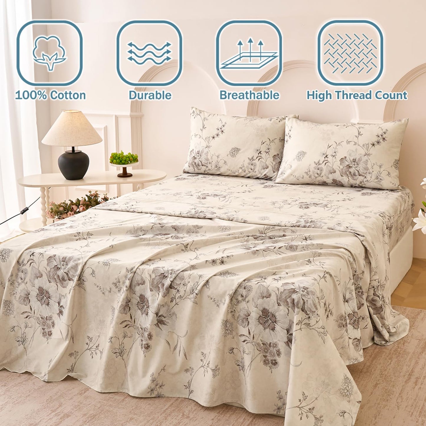 Huborise Beige Queen Sheet Set 100% Cotton Flannel-Like Warm Luxury Peony Toile Floral Bed Sheets 4Pc Deep Pocket 17.5", Double Brushed Extra Soft Breathable, Fall/Winter French Country Bedding