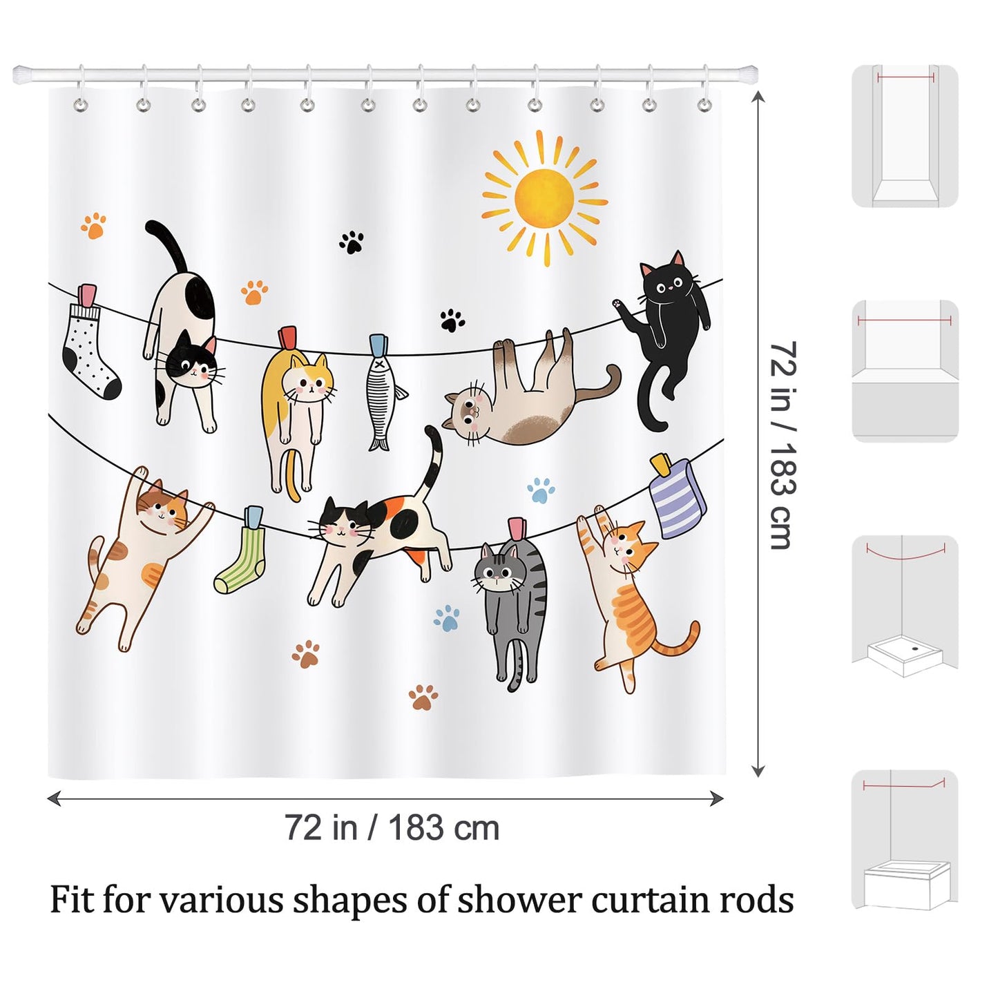 COZZSNUGE Cute Cat Shower Curtain, Funny Kitten Animal Kids Cat Lover Shower Curtain for Bathroom Waterproof Polyester Fabric with 12 Hooks, 72 x 72 Inches