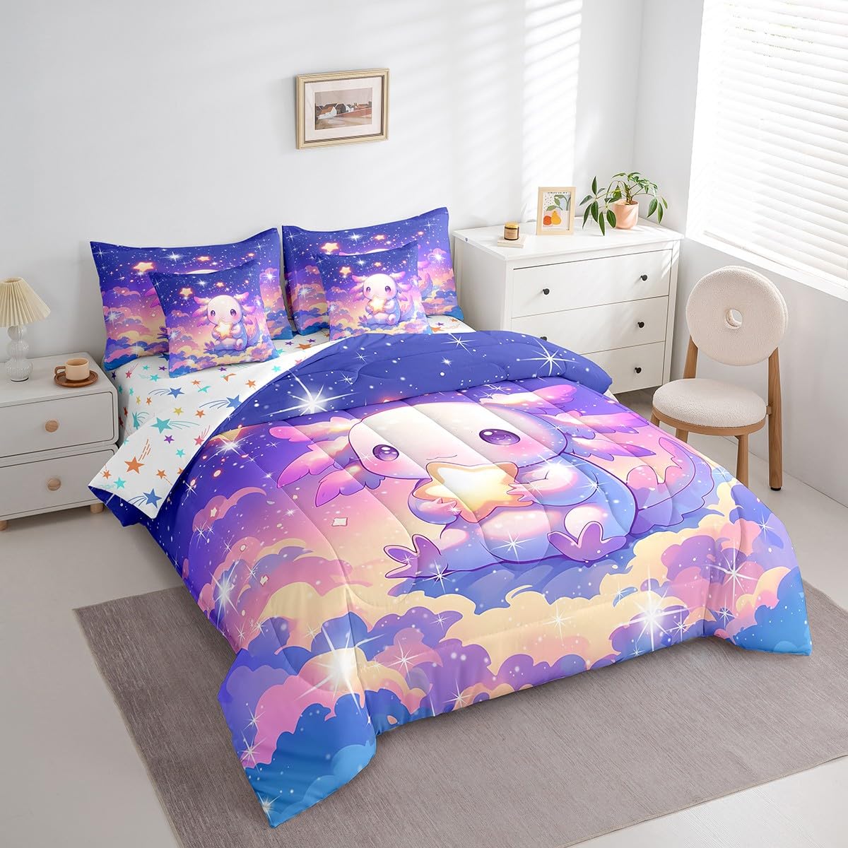 Feelyou Kids Cute Axolotl Bed in A Bag Twin Size, Galaxy 7 Pieces Bedding Set Boys Girls Cartoon Salamander Comforter Set with Sheets Kawaii Animal Teens Bed Set Bedroom Decor 7Pcs