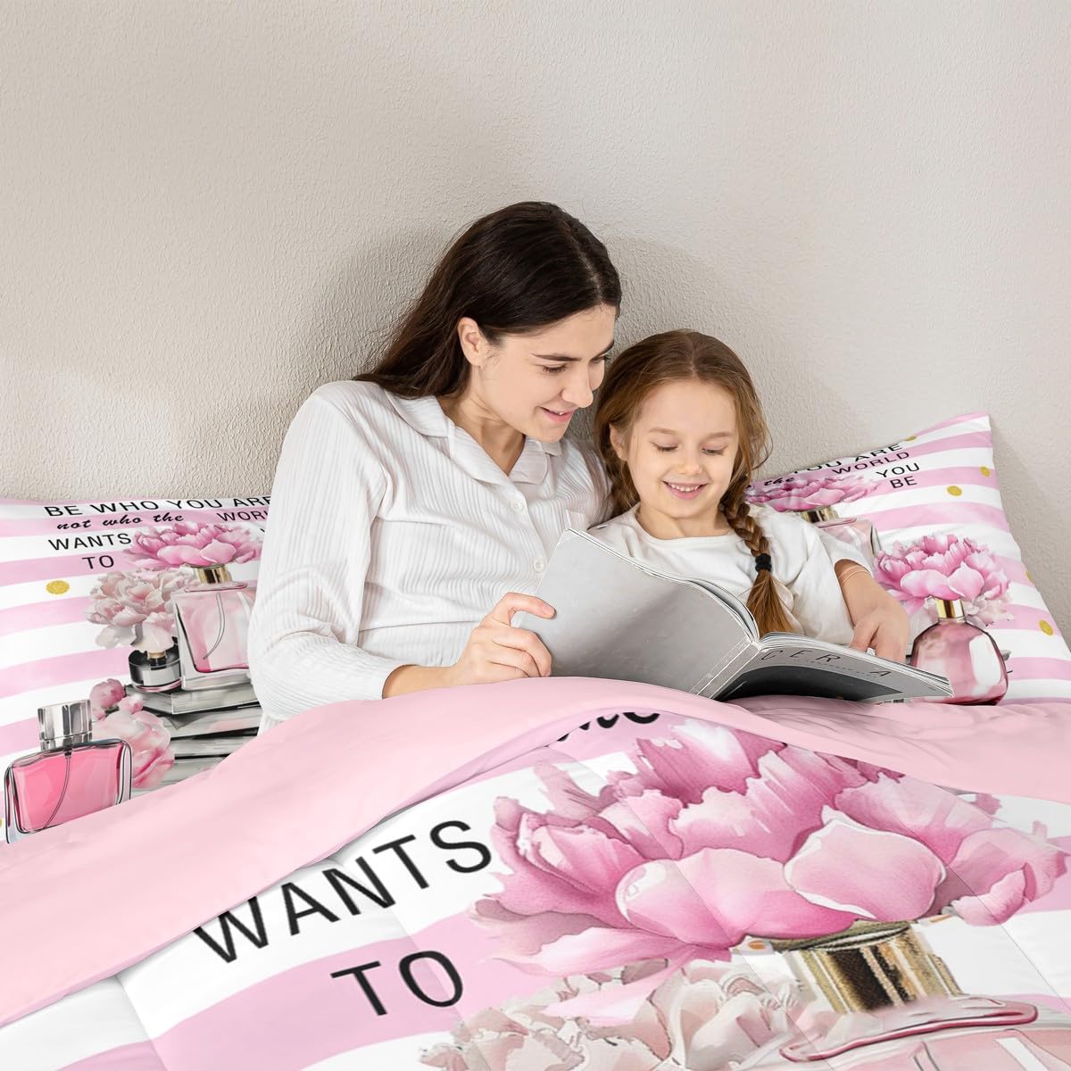 Erosebridal Girly Fashion Comforter King Size Girls Pink and White Striped Bedding Set for Kids Teens Women Modern Pretty Aesthetic Duvet Insert Coquette Fantasy Perfume Boho Trendy Quilt Set