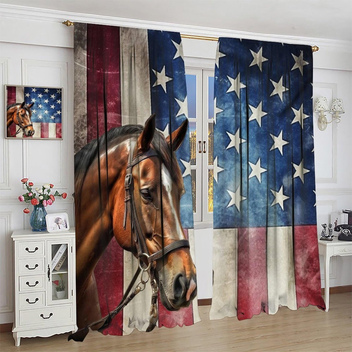 Yearn Jear Horse Window Curtains, Retro American Flag Western Wild Horses Curtains for Living Room,Rustic Farm Animal Cowboy Running Horse Drapes 2 Panel Sets,42x45 Inch Decor