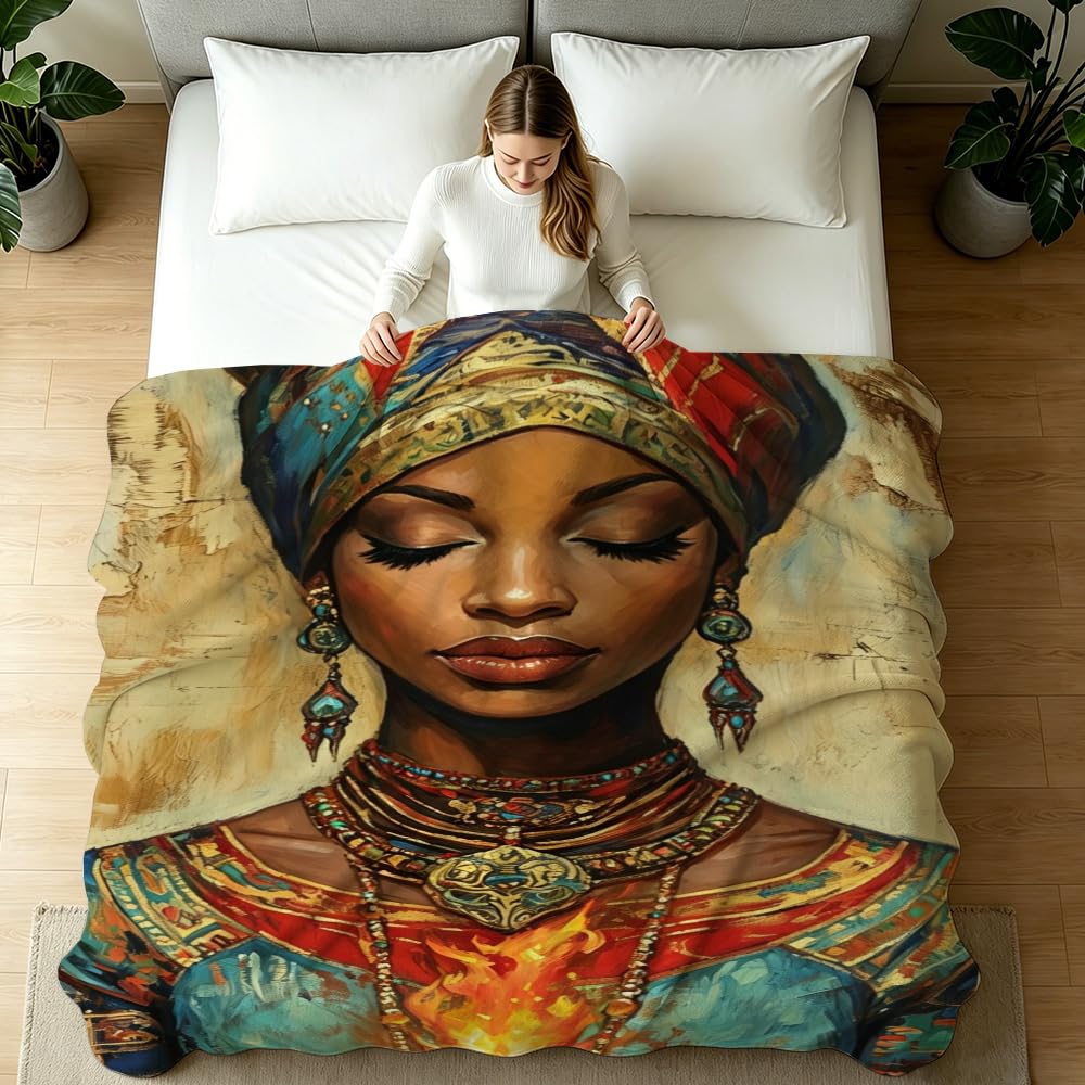 HUNXIAOJ African American Throw Blanket Black Girl Blanket African Gifts for Women Tribal Bedding Ethnic Decor Warm Soft Flannel for Sofa Couch (49in x 59in)
