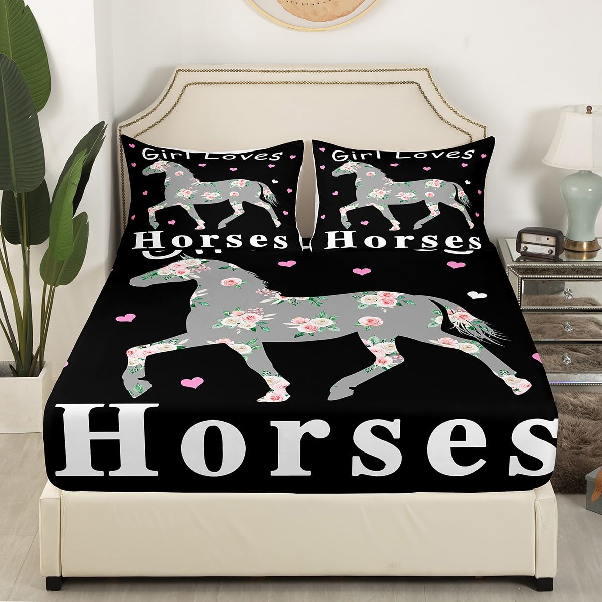 Rose Floral Horse Bedding Set - Fitted Sheet + Bed Cover - 3Pcs Full Size