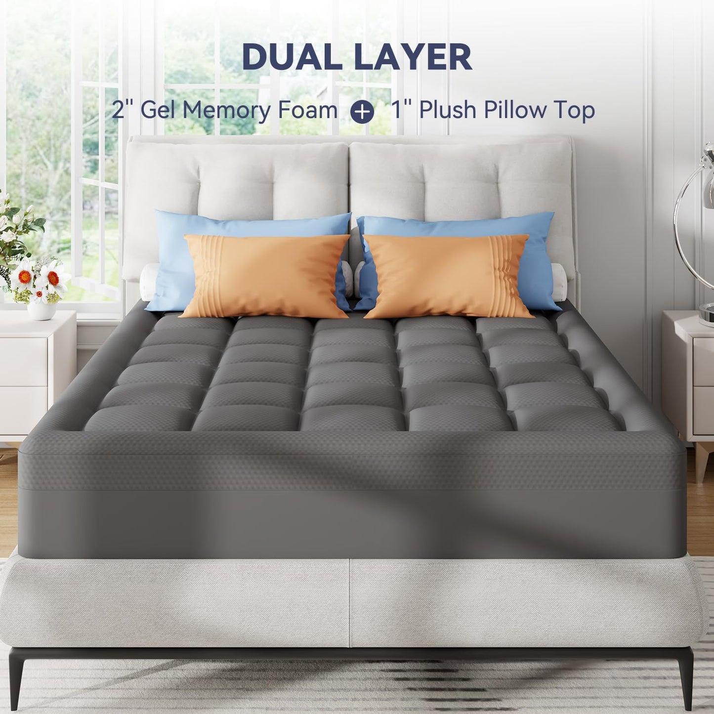 ELEMUSE Dual Layer 3 Inch Memory Foam Mattress Topper Full, 2 Inch Cooling Gel Memory Foam Plus 1 Inch Down Alternative Pillowtop Mattress Pad with Cooling Cover, Soft Comfort Support, Grey