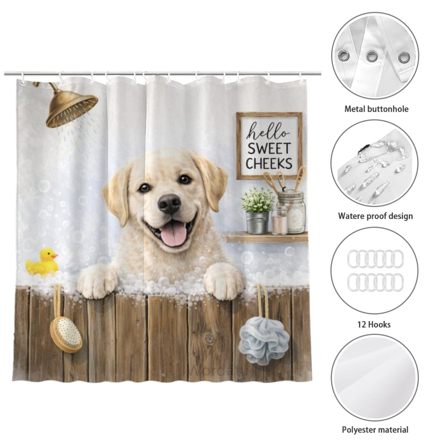 Wordatu Funny Labrador Retriever Farmhouse Shower Curtain 72x72 Inch Rustic Hilarious Pet Animal Country Bathroom Set Accessories Decor with 12 Hooks