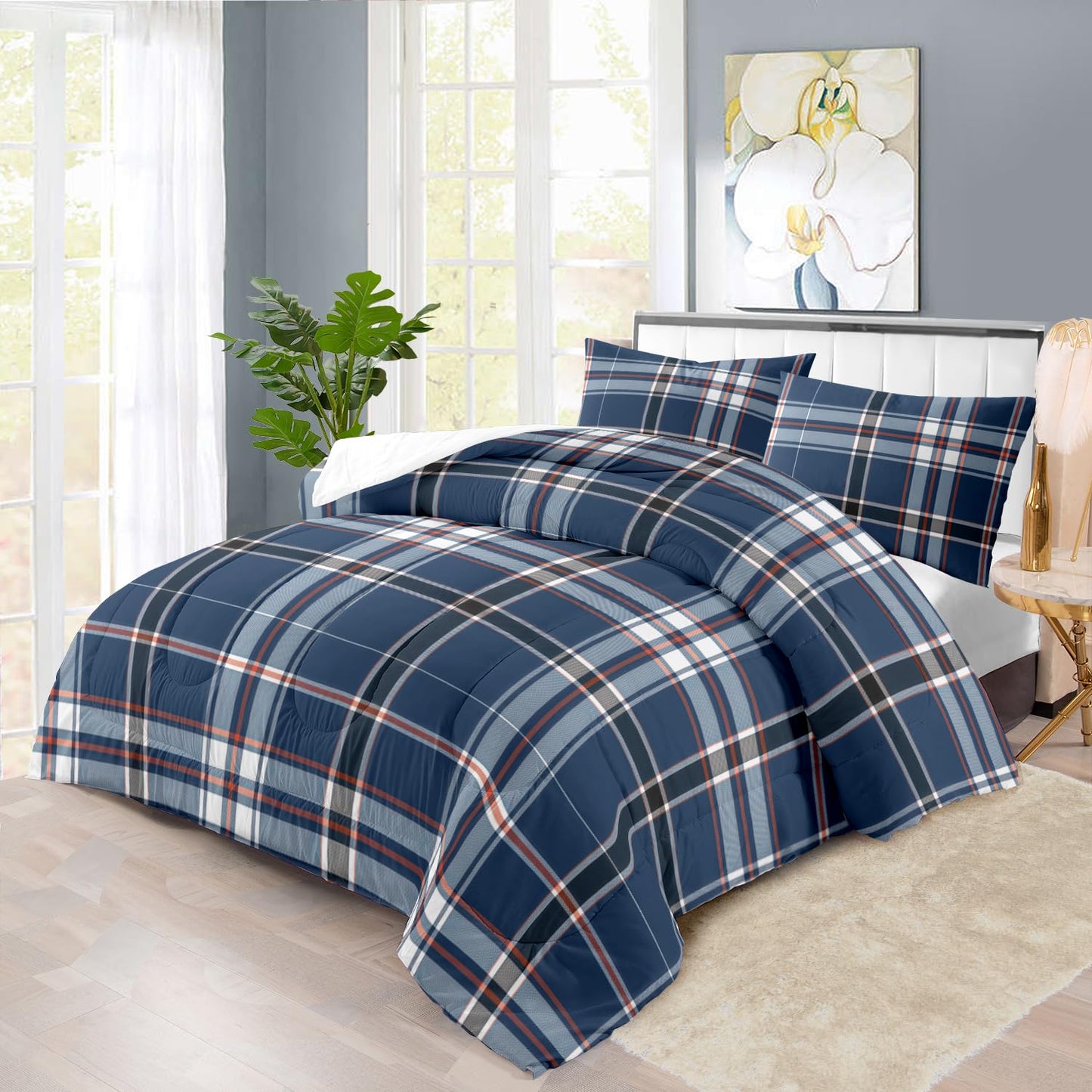 llyxsesty Blue Grid Comforter Set King Teens Plaid Design Bedding Set for Boys Gingham Comforter King Girls Quilt Plaid Bedroom Decor Grid Checkered Bedding Bed Decor