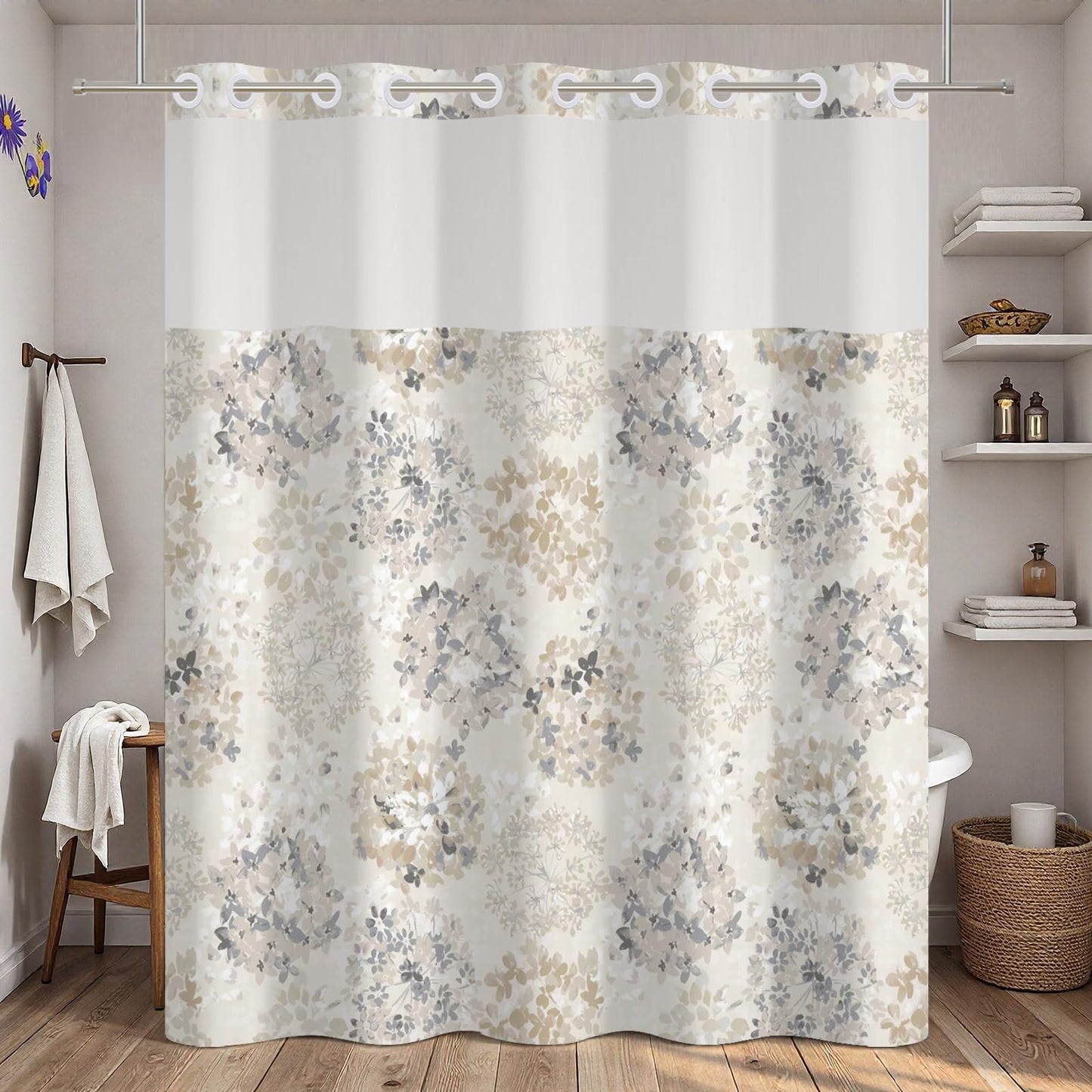 NAEMBCU Modern Floral Shower Curtain with Snap in Liner Waterproof