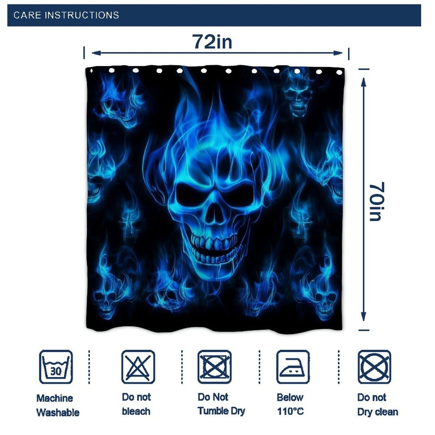 Waterproof Bathroom Decorative Shower Curtain with Curtain Hooks Skull Blue Flame, 72"x 70"