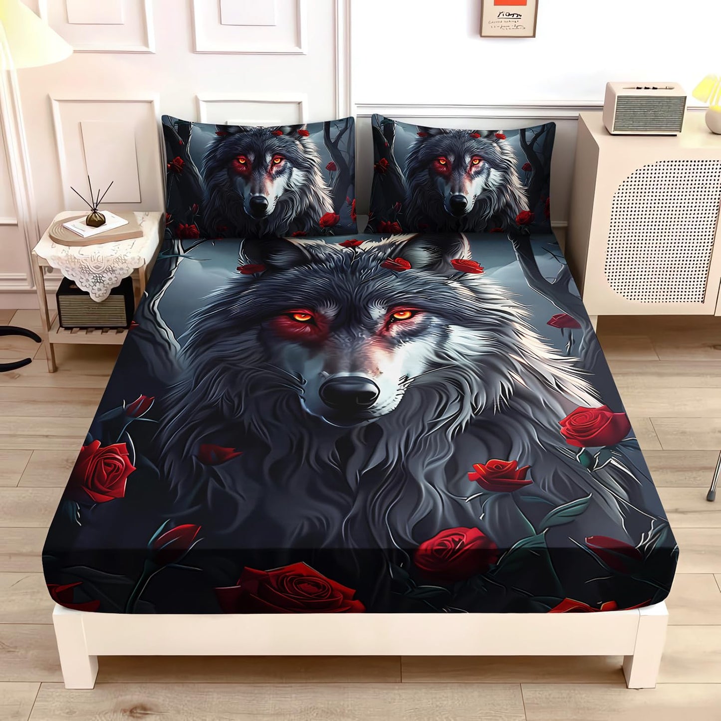 UEVBF Wolf Bedding Fitted Sheet Sets Twin Size,Moon Night Forest Floral Printed Bedding Set for Kids Girls Boys Room Decor,Western Animal Themed Bedding Sets,1 Fitted Sheet+2 Pillowcases.