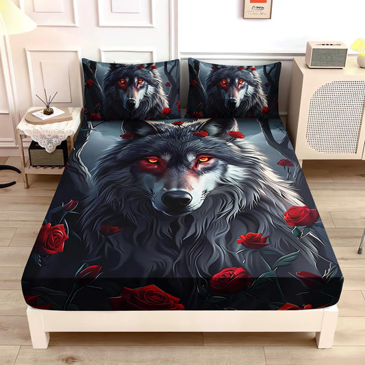 UEVBF Wolf Bedding Fitted Sheet Sets Twin Size,Moon Night Forest Floral Printed Bedding Set for Kids Girls Boys Room Decor,Western Animal Themed Bedding Sets,1 Fitted Sheet+2 Pillowcases.