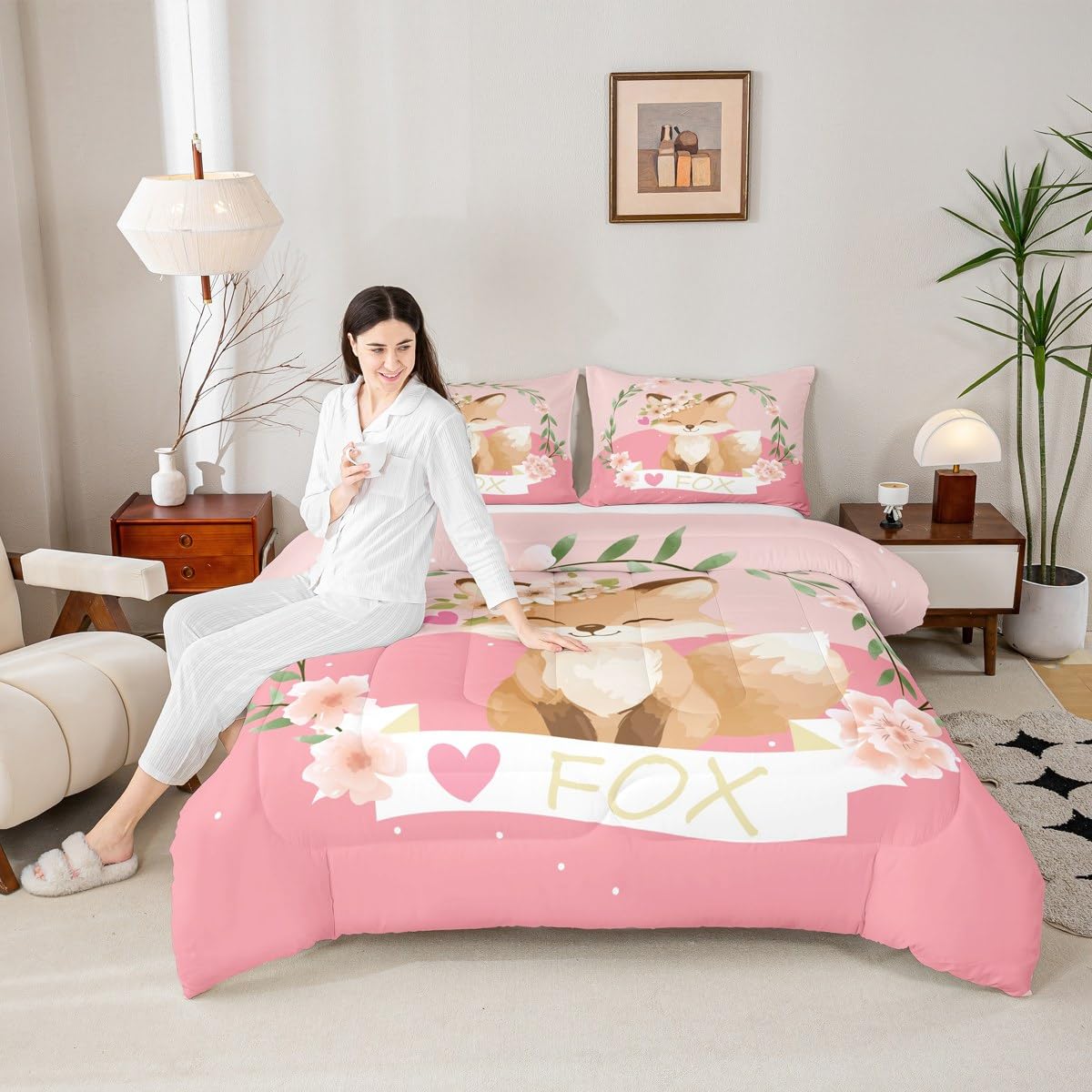 Feelyou Girls Cartoon Fox Comforter Set Cute Fox Bedding Set for Kids Boys Girls Kawaii Animal Duvet Set Botanical Floral Comforter 1 Comforter Set with 1 Pillowcase Twin Size