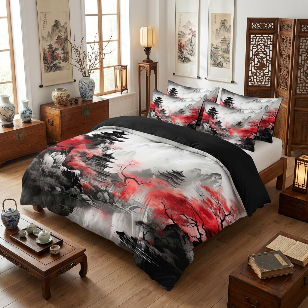 CCoutueChen Asian Chinese Comforter Set Queen Size Japanese Traditional Bedding Set with Watercolor Landscape Painting, 3 Pcs All Season Soft Microfiber Bed Set Black Red