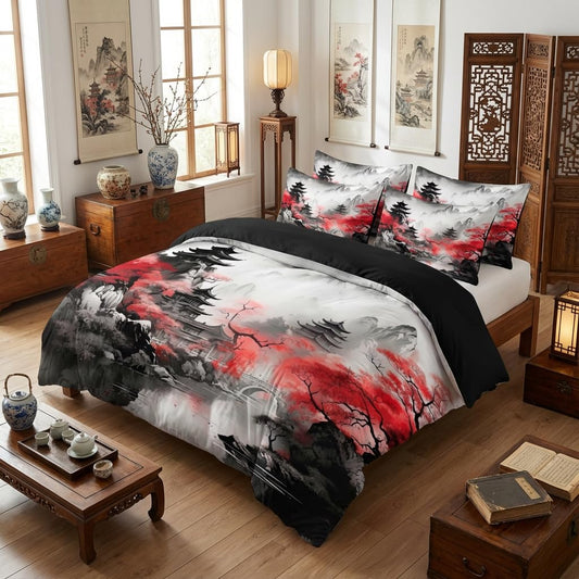 CCoutueChen Asian Chinese Comforter Set Queen Size Japanese Traditional Bedding Set with Watercolor Landscape Painting, 3 Pcs All Season Soft Microfiber Bed Set Black Red