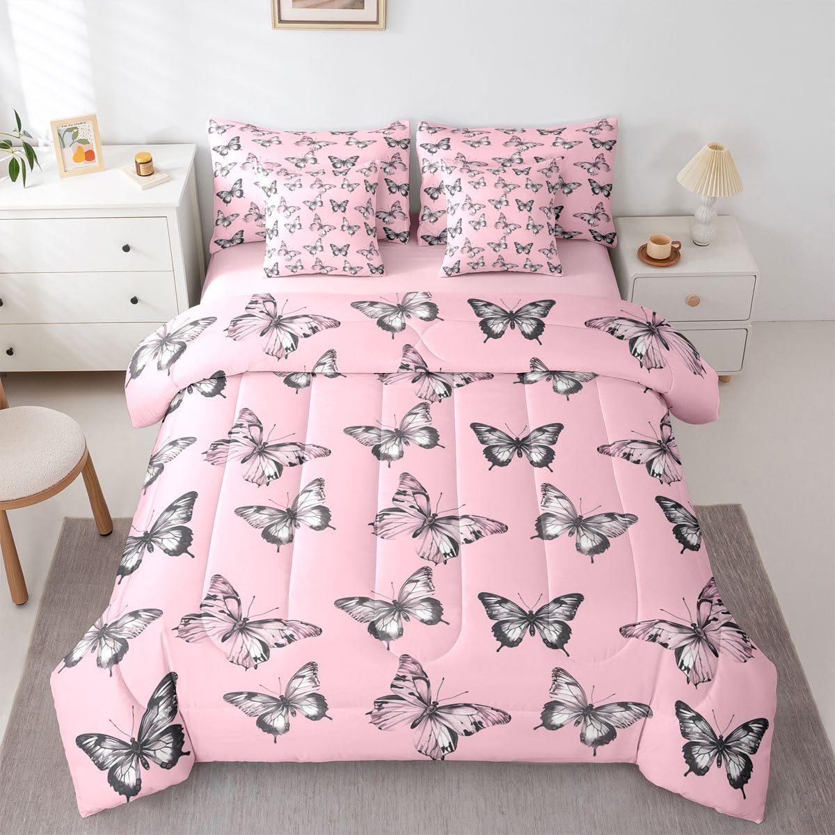 Erosebridal Butterfly Silhouette 7 Piece Bedding Set Twin Black Wild Animal Comforter Set with Sheets Pink Tie Dyed Bed in a Bag Nature Butterfly Animals Bed Sets Comforter