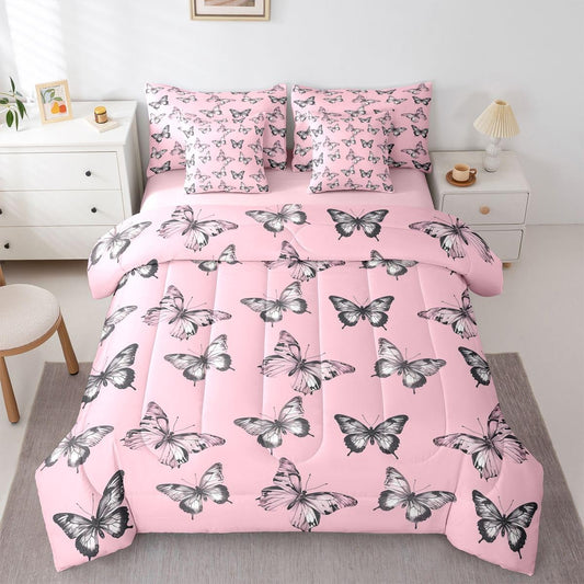 Erosebridal Butterfly Silhouette 7 Piece Bedding Set Twin Black Wild Animal Comforter Set with Sheets Pink Tie Dyed Bed in a Bag Nature Butterfly Animals Bed Sets Comforter