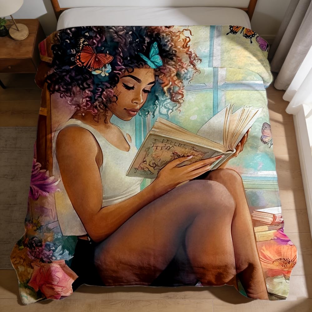 ZHOUSHUTONG Black Girl Reading Throw Blanket African American Girl Print Gifts for Book Lovers Reader Black Women Super Soft Warm Cozy Flannel Blanket for Couch Bedroom Decor 49"x59"