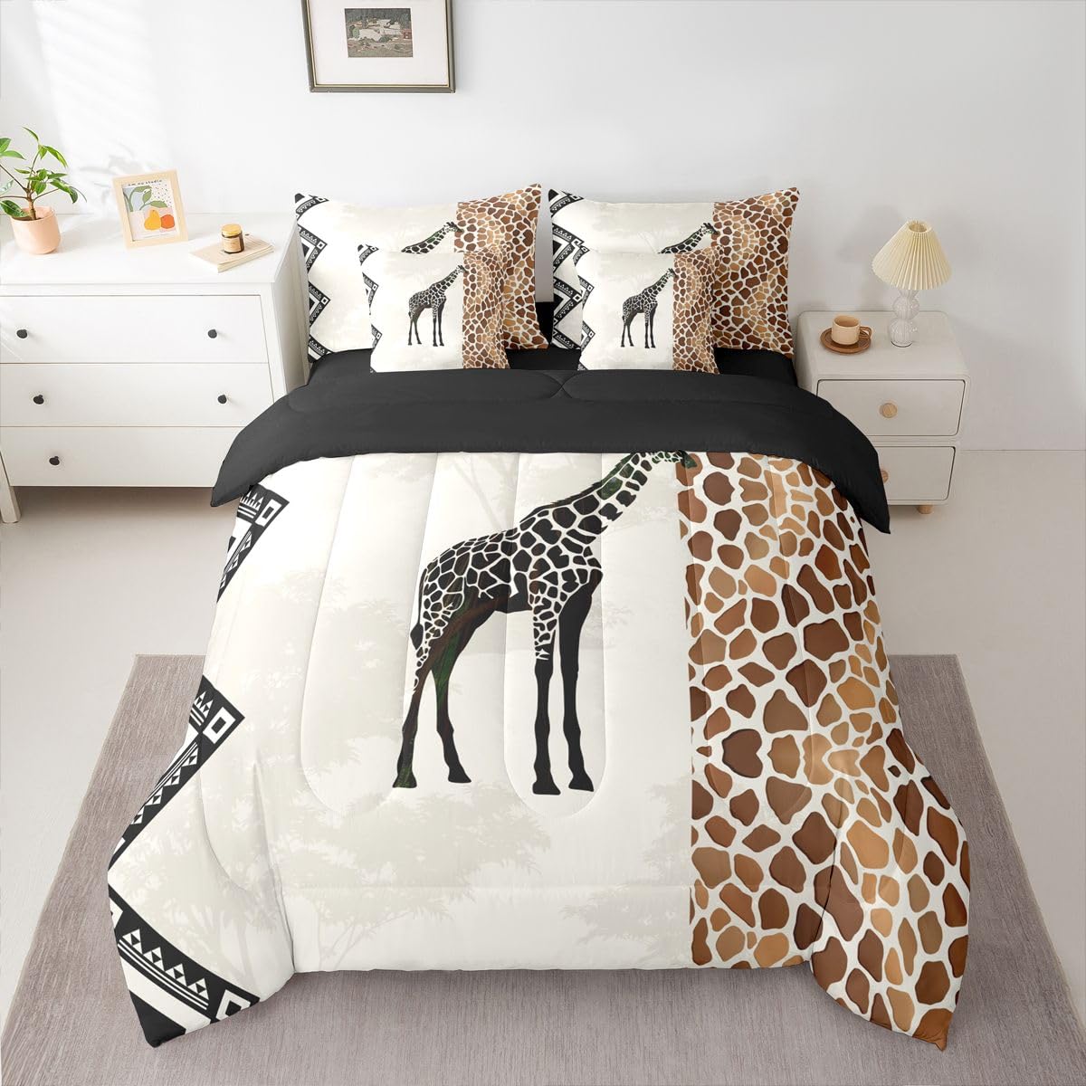 Erosebridal Giraffe 7 Piece Bedding Set Full African Comforter Set with Sheets Geometric African Animal Lovers Bed in a Bag Woodland Silhouette Wild Animal Skin for Kids Boys Girls