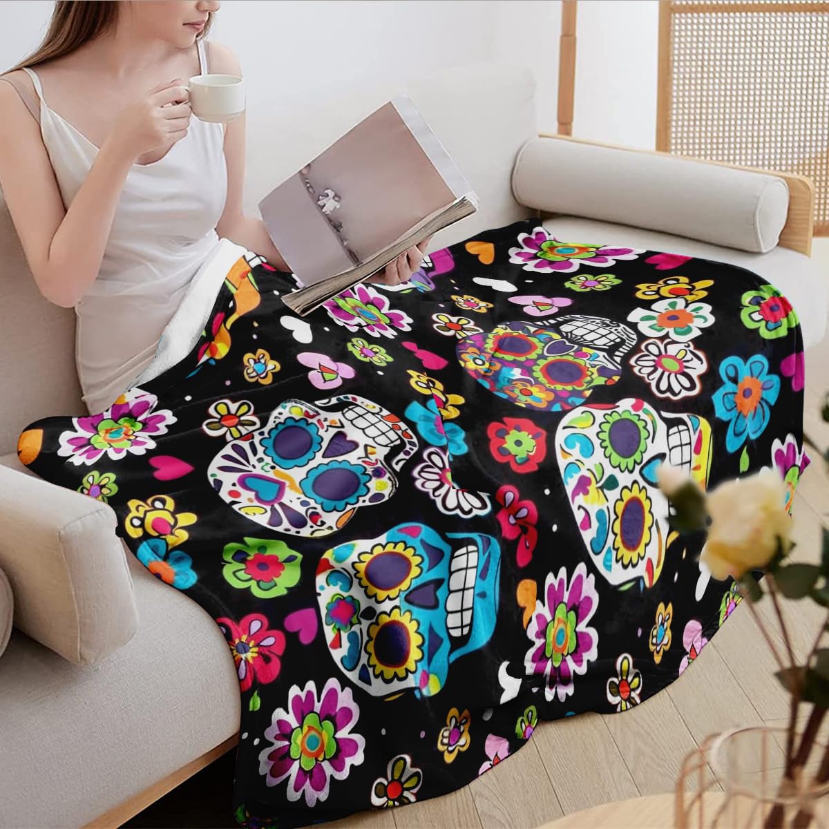 EENSYWEENSY Sugar Skull Throw Blanket, Mexico Colorful Flowers, Halloween Blankets Fuzzy Gifts for Sofa Couch Bedroom (40“ x 30”)