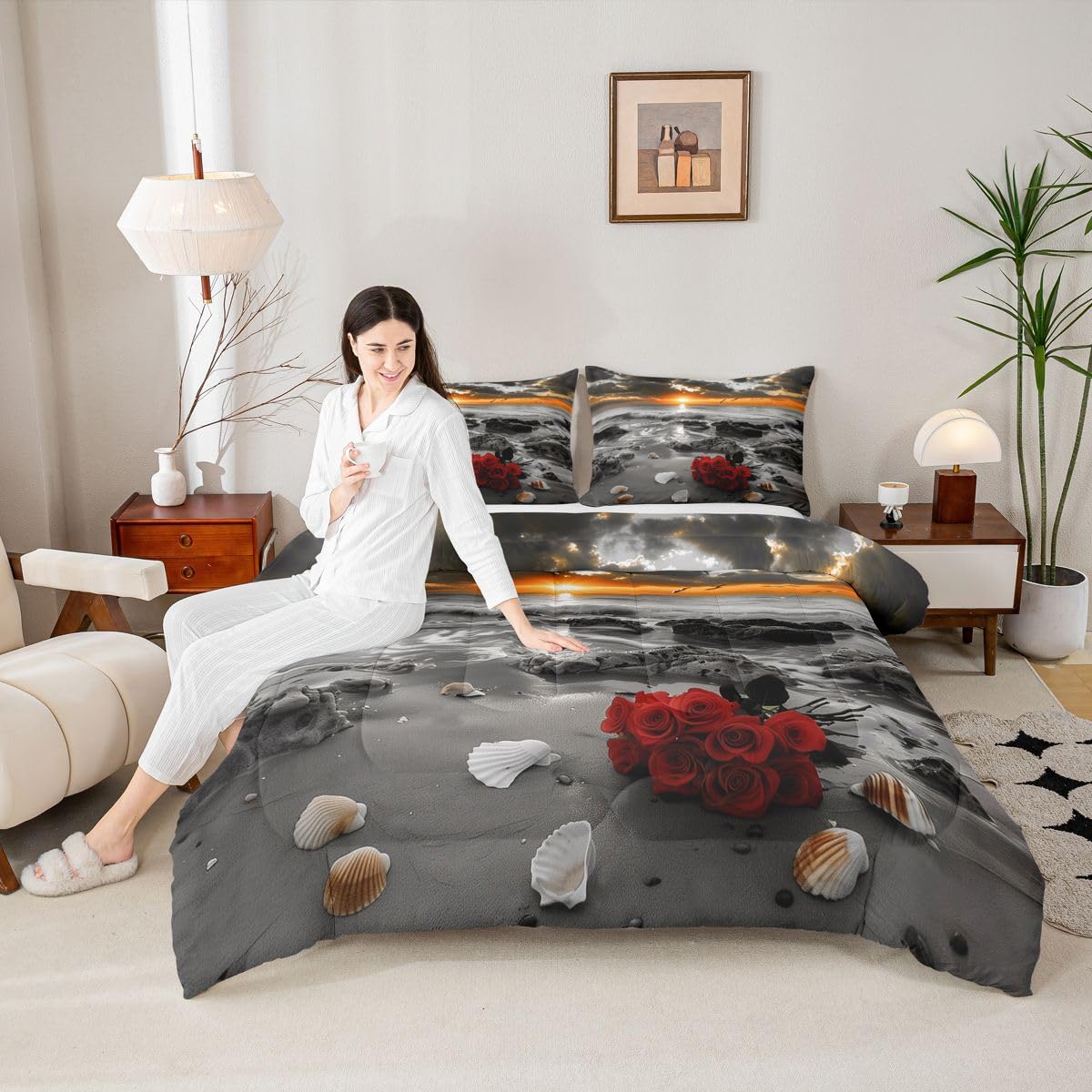 jejeloiu Black and White Gold Kids Comforter Set Toddler Size Rose Ocean Beach Zen Bedding Set Seascape Duvet Quilt for Kids Boys Girls Bedroom Decor Microfiber Ultra Soft Breathable