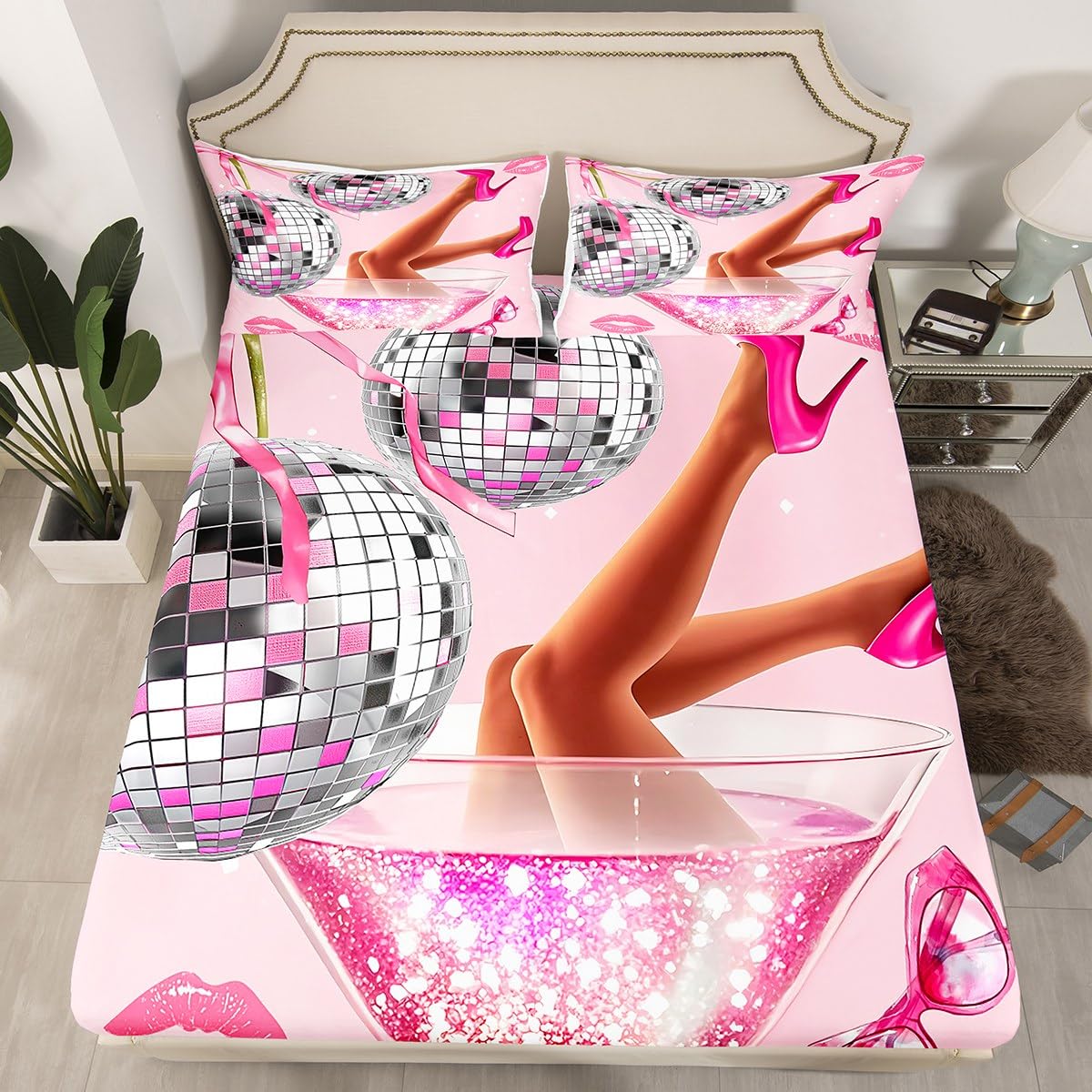 Erosebridal Pink Disco Ball Sheet Set King Size for Teens Girls Retro 70s Cherry Bow Preppy Bed Sheets Lips Modern Sheets Fantasy Fashion Coquette Aesthetic Bedding Set for Women