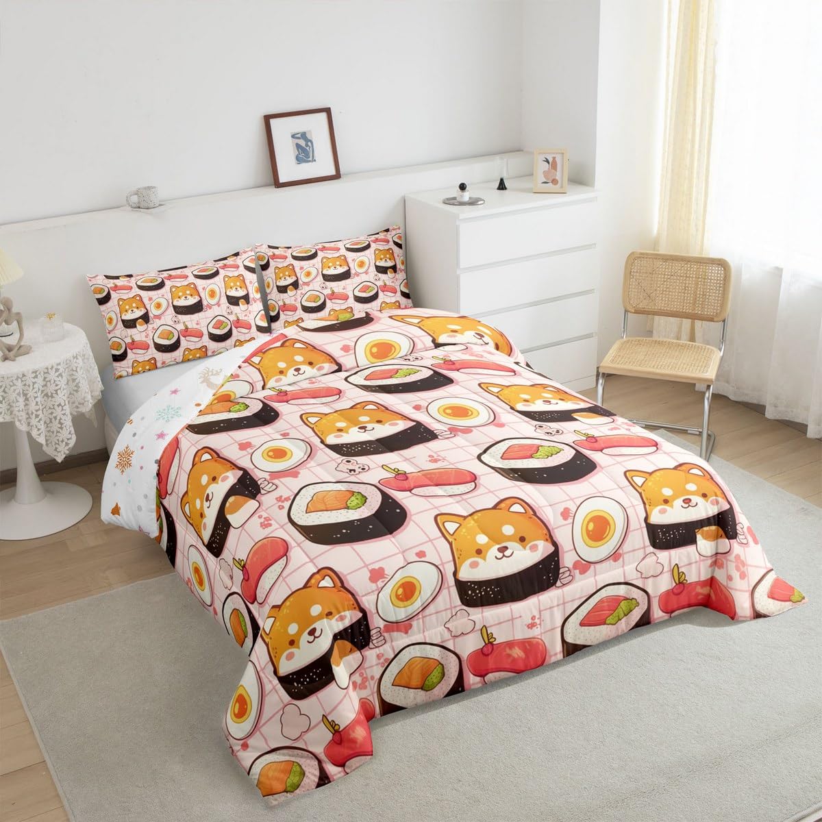 Erosebridal Kids Sushi Bedding Set Queen,Cute Shiba Inu Comforter Set Sushi Gifts for Kids Girls Boys,Kawaii Dog Puppy Quilt Bed Set Funny Food Bed Comforter Sets with 2 Pillowcases Room Decor