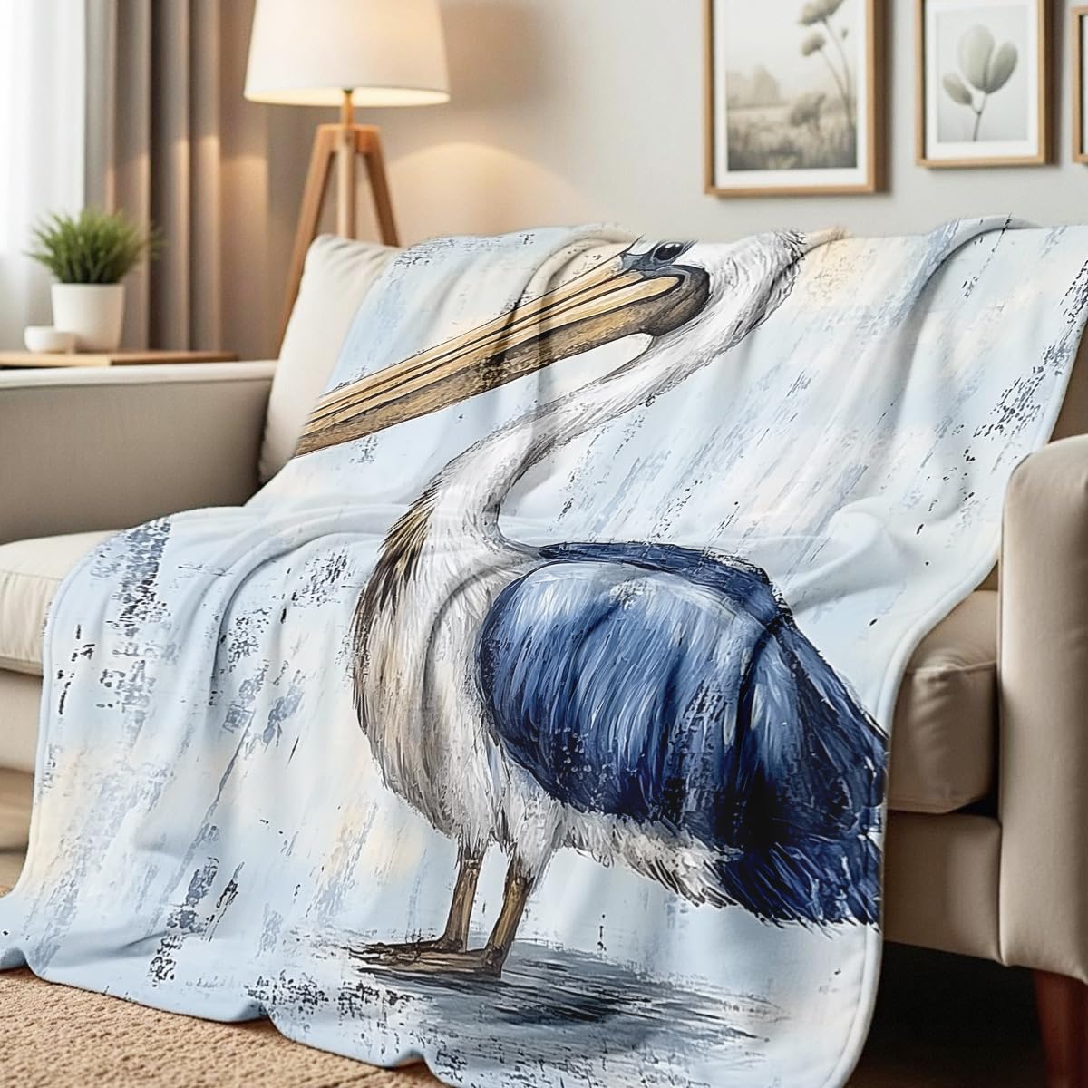 HUNXIAOJ Pelican Throw Blanket for Couch Bed Coastal Bird Print Flannel Blanket Soft Warm Beach Themed Animal Throw for Bedroom Home Decor Pelican Gifts (49"x59")