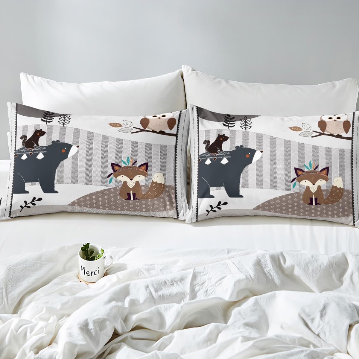 Kids Cartoon Animal Fitted Sheet King Size 4pcs,Cute Bear Owl Fox and Plant Bedroom Decor Bed Shee Set for Man,Exotic Indian Style Ultra Soft Bedding Set (1 Fitted,1 Flat,2 Pillows)