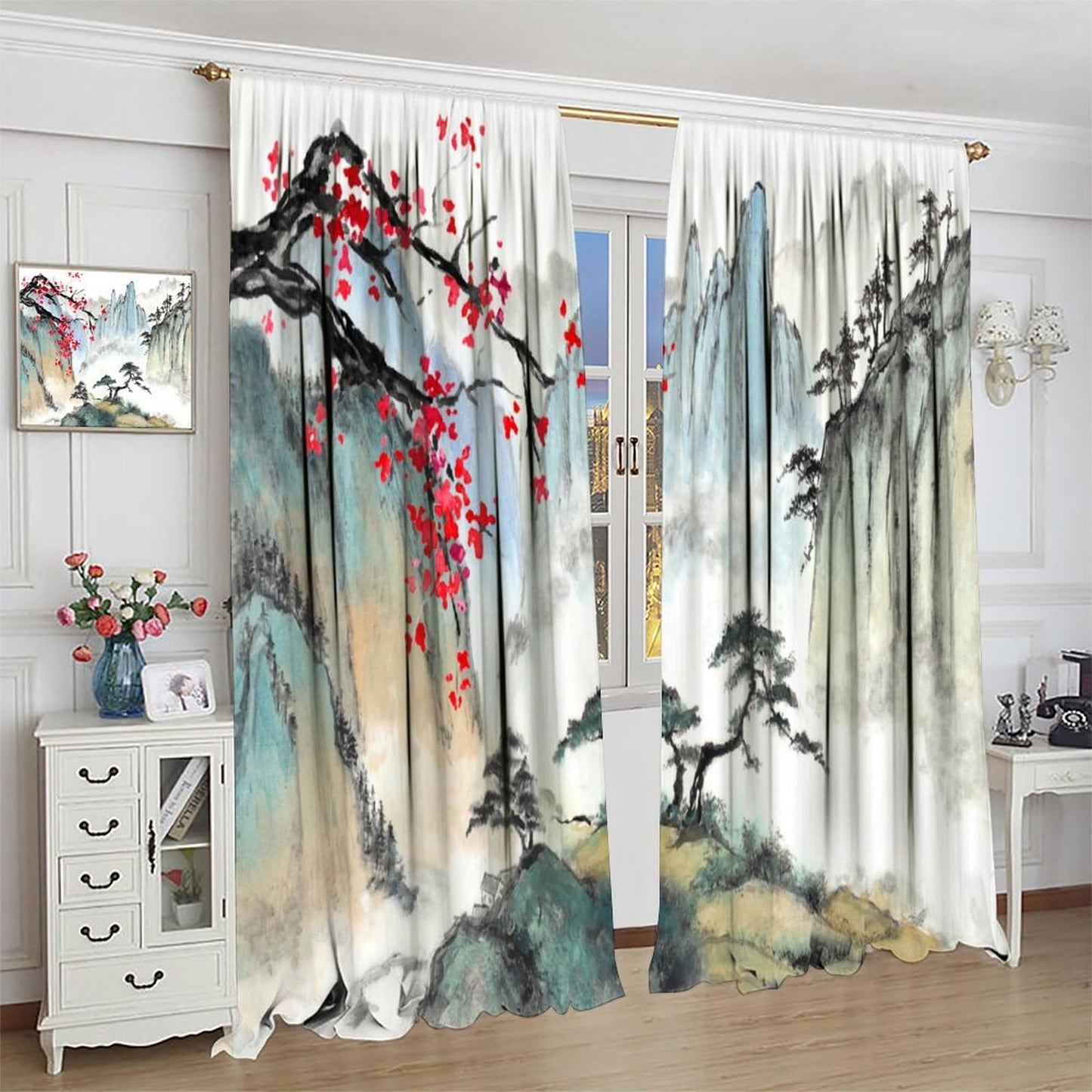Japanese Curtains, Cherry Blossom Asian Oriental Chinese Nature Mountain Red Floral Flowers Lake Tree Art Print Window Drapes For Bedroom Living Room Kitchen Decor,2 Panel Set,42x45 Inch Decor