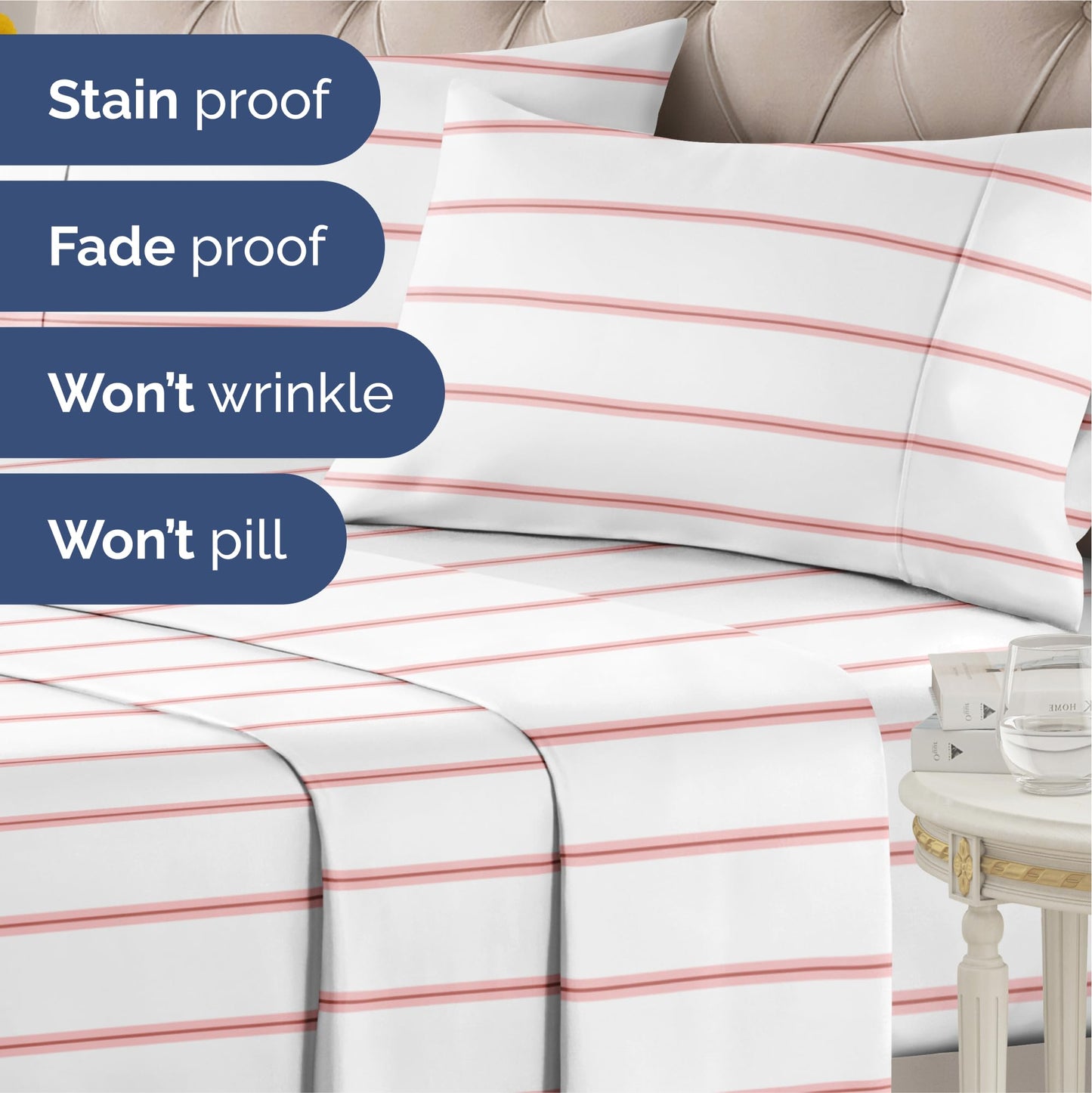 Striped Sheets - Red & White Striped Sheets - 1 Flat & 1 Fitted & 2 Pillowcases w/ Deep Pockets – Wrinkle & Fade Free - Ultra-Soft, Breathable & Cooling – Luxury Pinstripe Bedding - Queen Size Bed Set