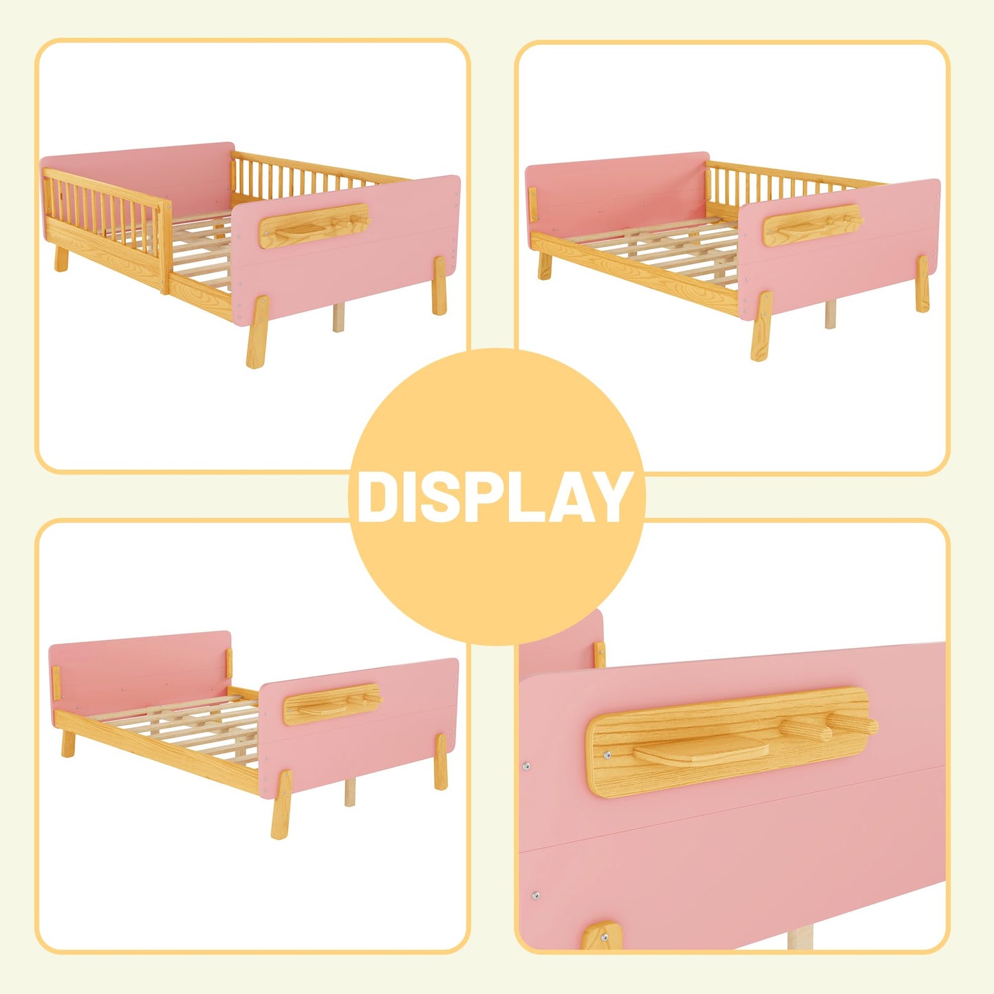 Aurnienofus Full Size Bed Frame with Removable Rails, Montessori Wood Beds with Headboard, Storage Shelf & 2 Hanging Rod, Full Bed Frames Low to Ground for Children Boys Girls, Pink