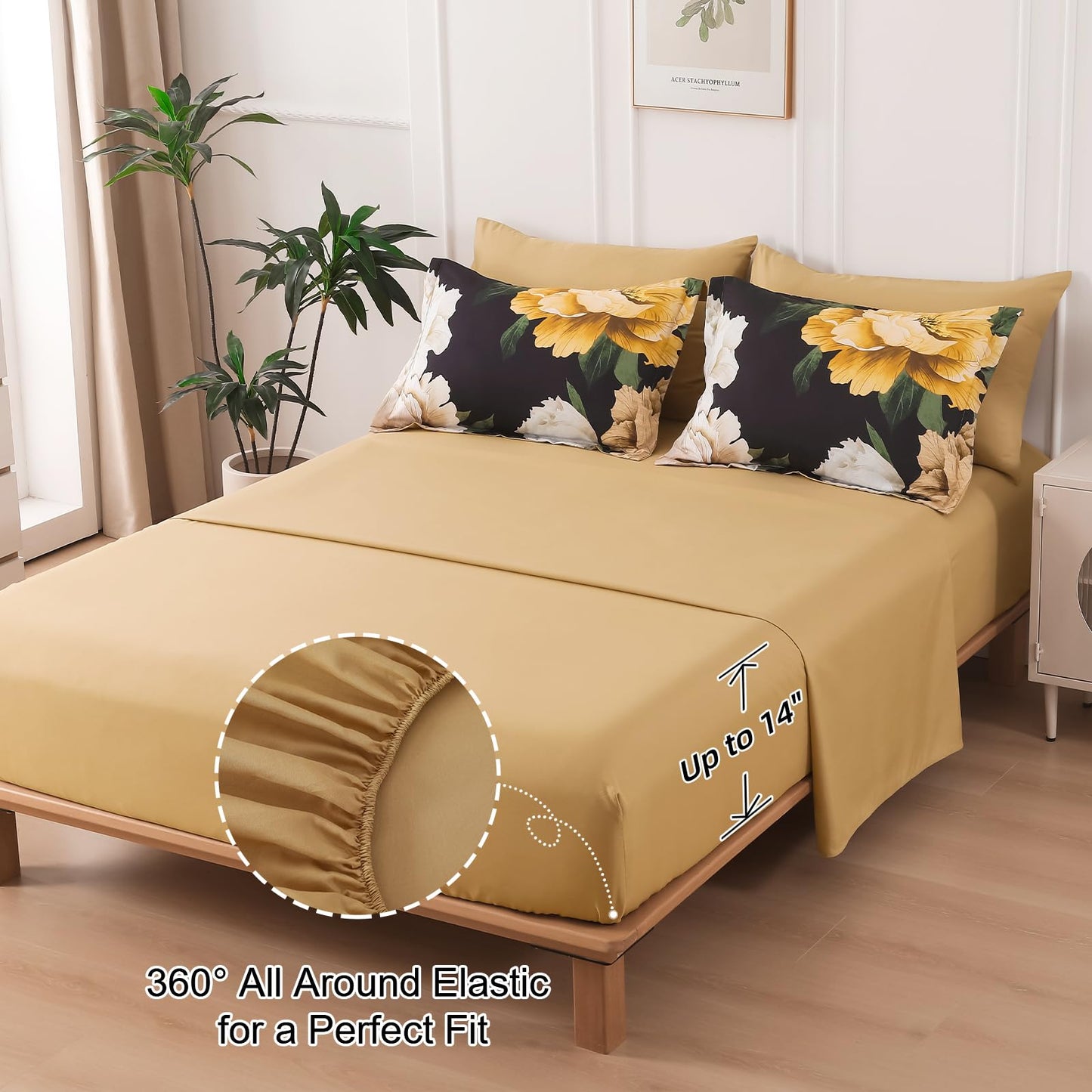 Dobuyly Black Floral Comforter Set Queen 7 Piece Bed in a Bag, Yellow Brown Flower Printed on Black Comforter Set with Sheets, Soft Microfiber Botanical Boho Bedding Set for All Season