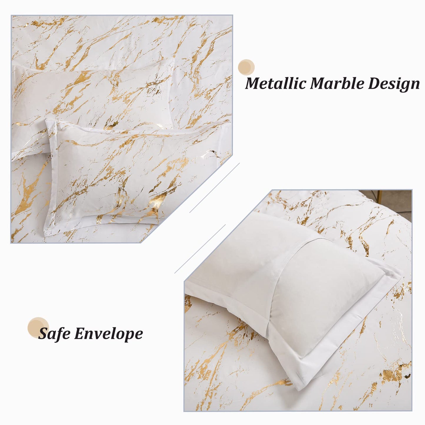 WONGS BEDDING White Gold Metallic Marble Comforter Set Queen Foil Print Glitter Bedding Sets with 2 Pillowcases for All Seasons, Soft Microfiber Filling Bedding Duvet Set 90"x90"