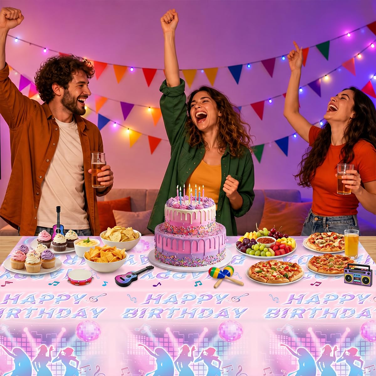 Gilyaoic Disposable Music Party Tablecloth, Plastic Magical Music Themed Disposable Plastic Table Covers, 3 PCS, 108”x54”