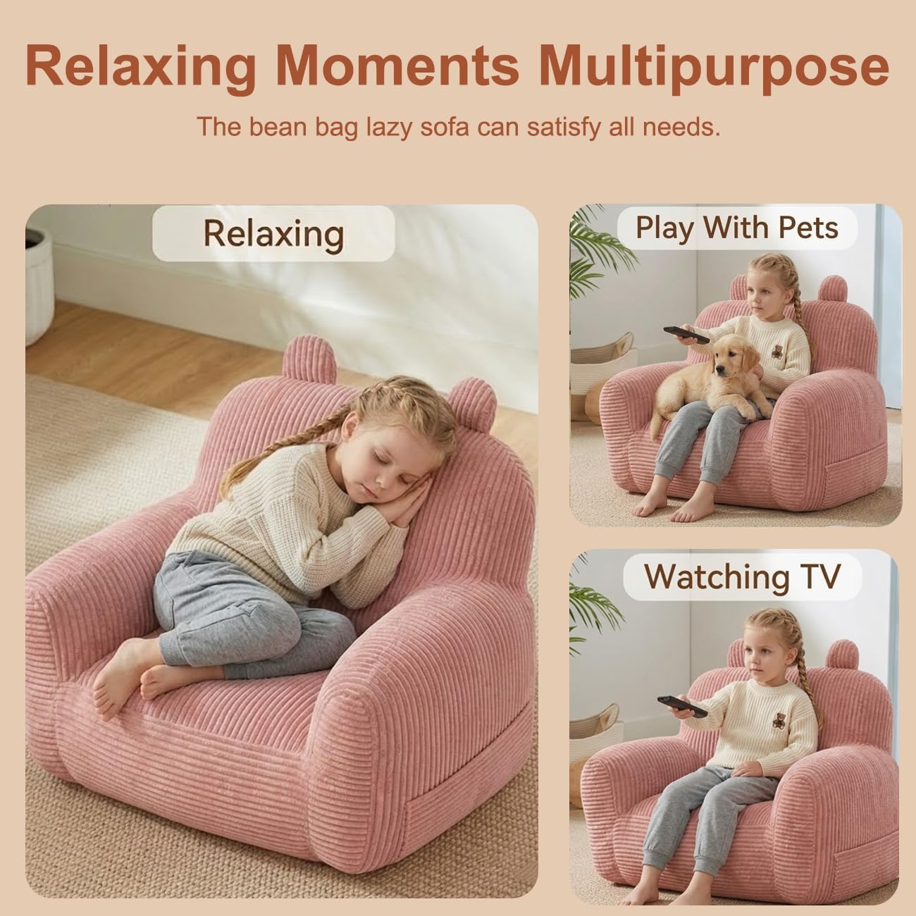 Kids Bean Bag Chair Sofa with Filler Stuffed Filling Memory Foam Lazy Comfy Chairs Boys Girls Gaming Reading Relaxing Cute Living Room Bedroom Cozy Pocket Floor Relaxing Sofa