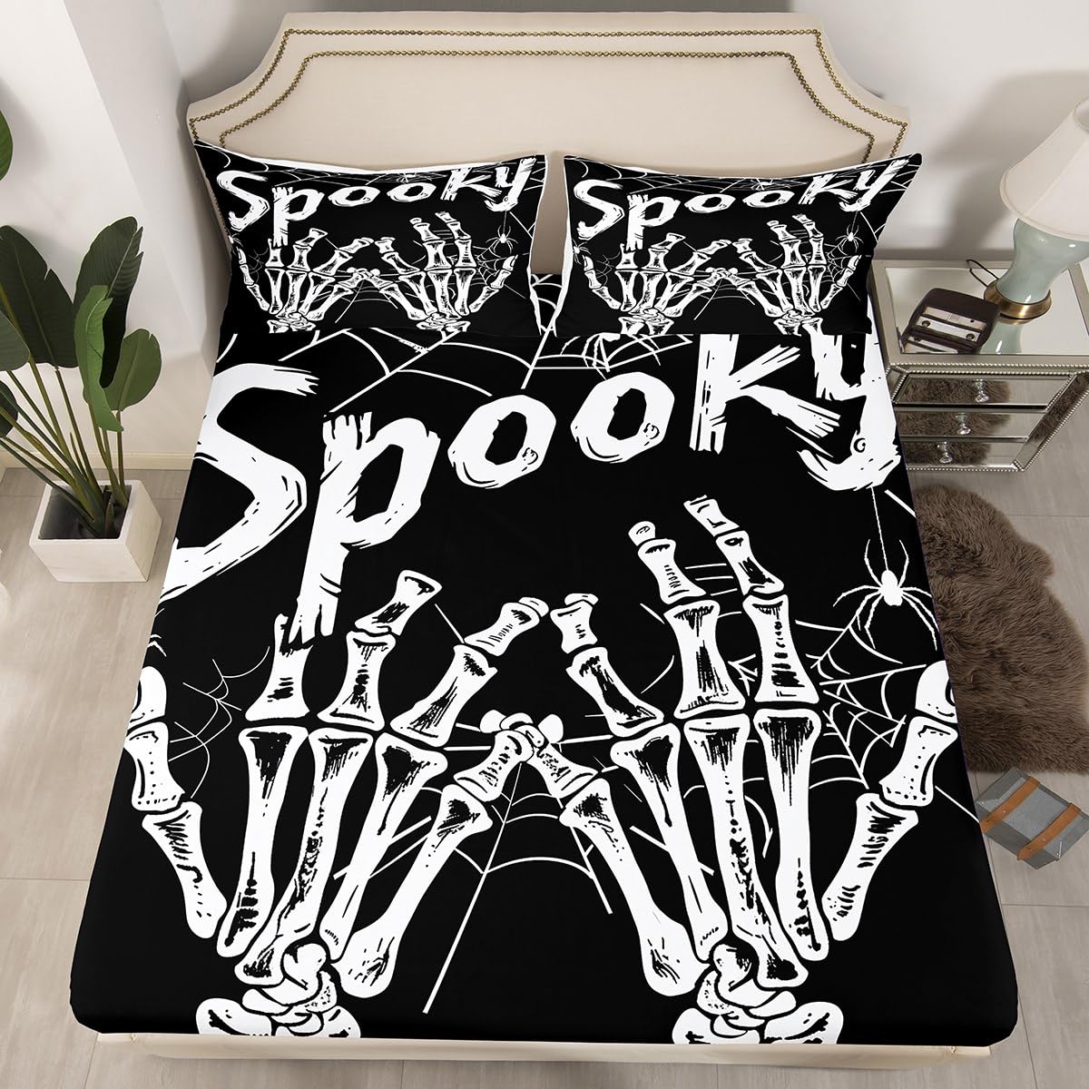 Feelyou Halloween Decor Bed Sheets Set Full Size Skeleton Bones Bed Set Gothic Deep Pocket Fitted Sheet Spider Web Breathable Soft Lightweight Microfiber