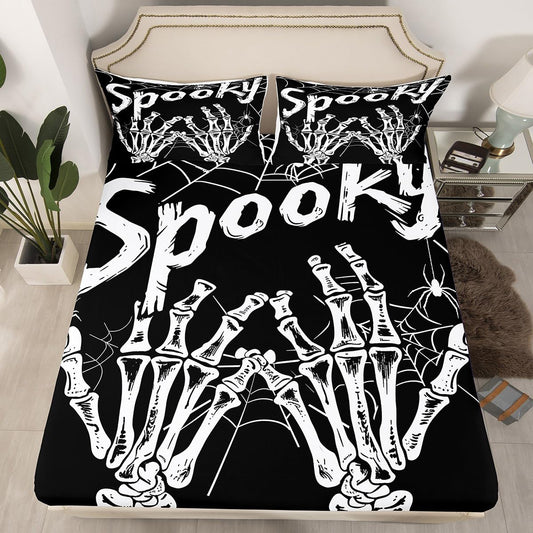 Feelyou Halloween Decor Fitted Sheet Full Size for Kids Boys Girls Skeleton Bones Bed Sheets Set 16" Deep Pocket Soft Breathable Microfiber Gothic Bedding with 2 Pillowcases Spider Web Room Decor