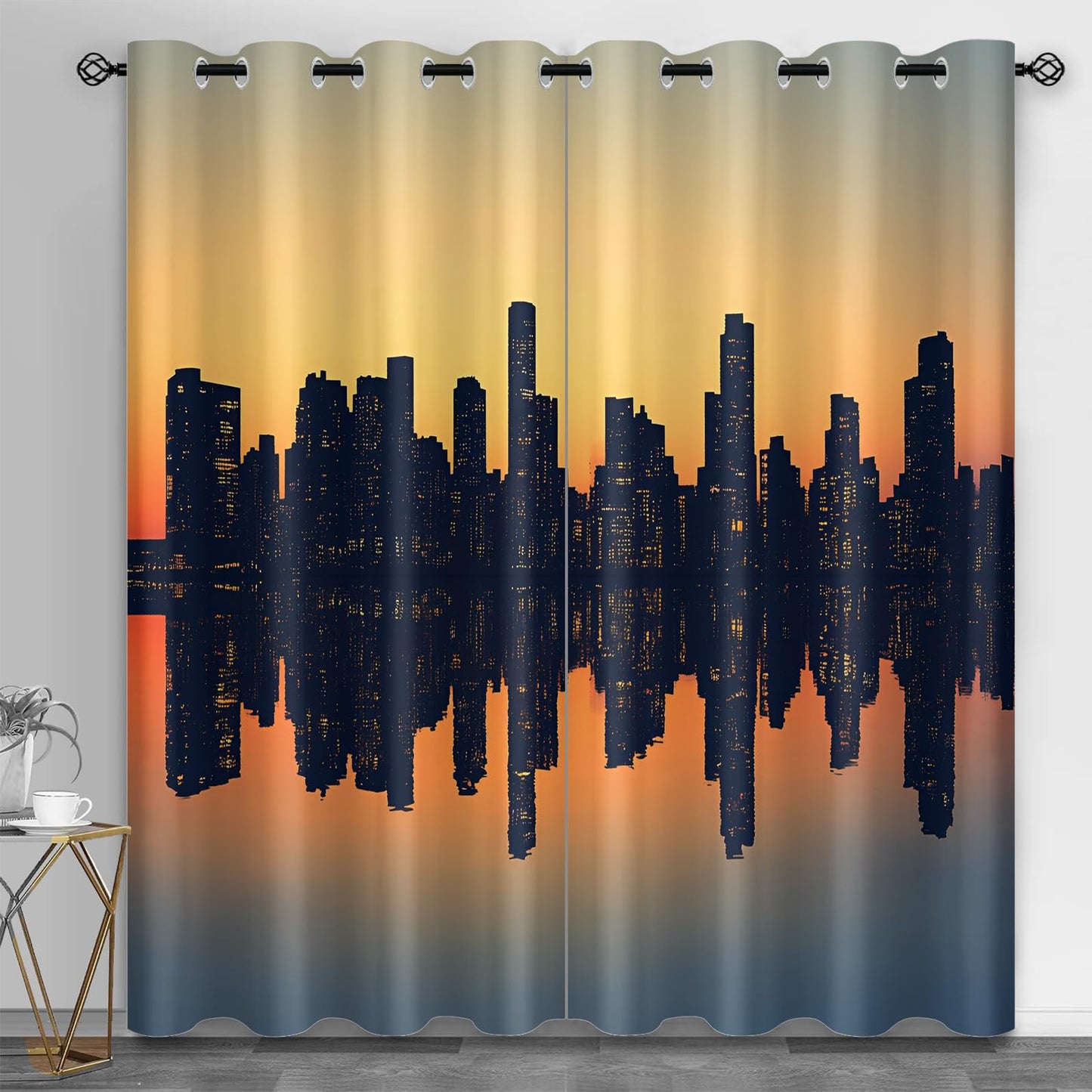 XAFIAUR City Skyline Blackout Curtains, Skyscraper Silhouettes Curtains for Living Room, Sunset Black Out Bedroom Curtain Thermal Insulated Grommet Drapes 2 Panels, for Boys Room 26" W x 63" L x2