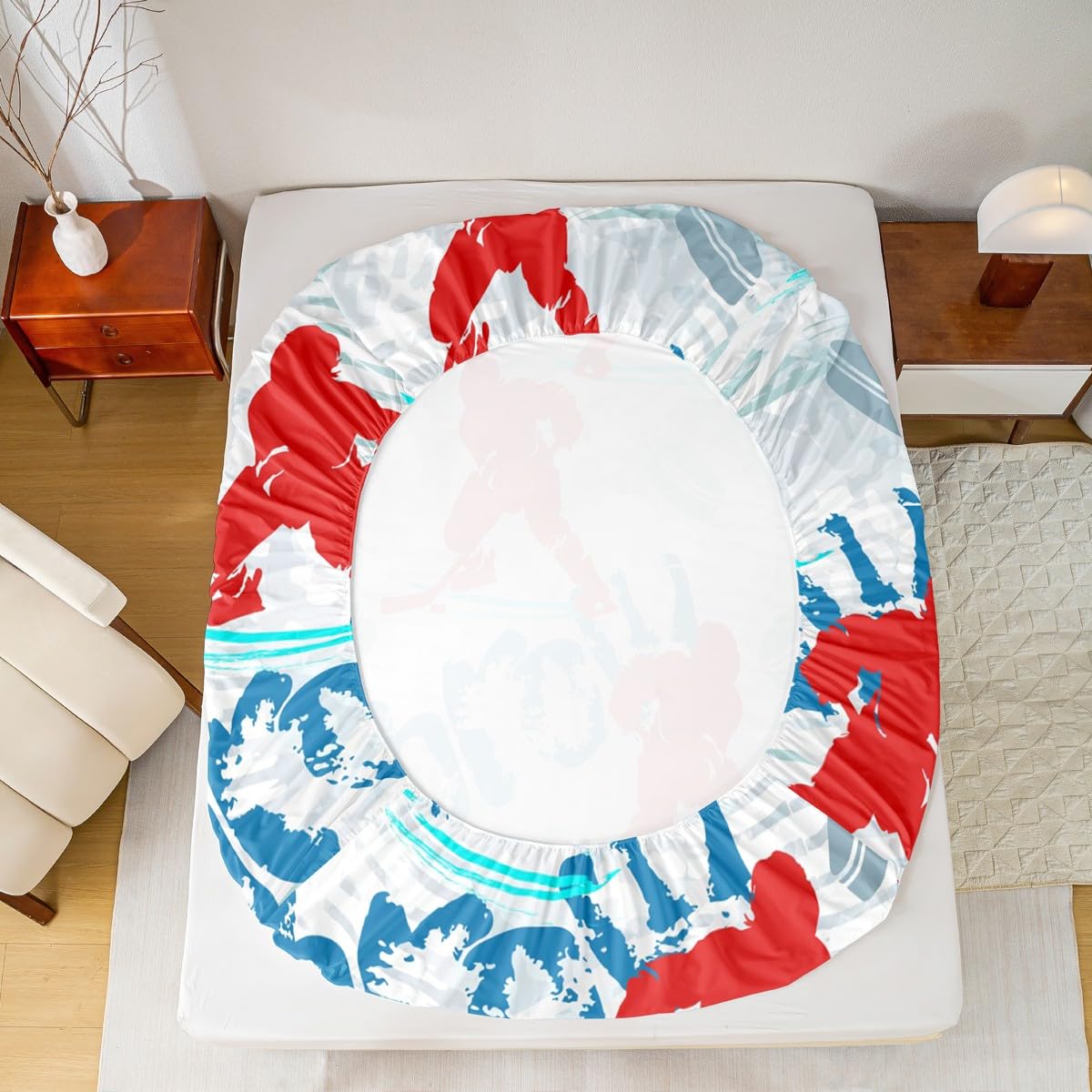 Ice Hockey Kids Sheet Full Size,Winter Event Ball Sport Game Bedding Set for Boys Adults,Athlete Silhouette Graffiti Red Blue Stylish Bed Sheet Set 4pcs(Fitted Sheet + Flat Sheet + 2 Pillowcases)