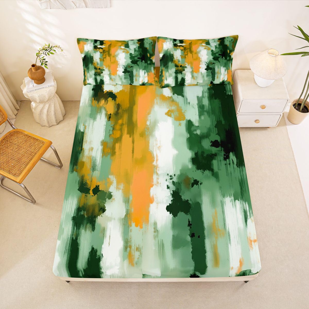 Feelyou Modern Abstract Fitted Sheet Queen Size for Kids Boys Girls Abstract Bed Sheets Set 16" Deep Pocket Soft Breathable Microfiber Green Yellow Bedding with 2 Pillowcases Room Decor