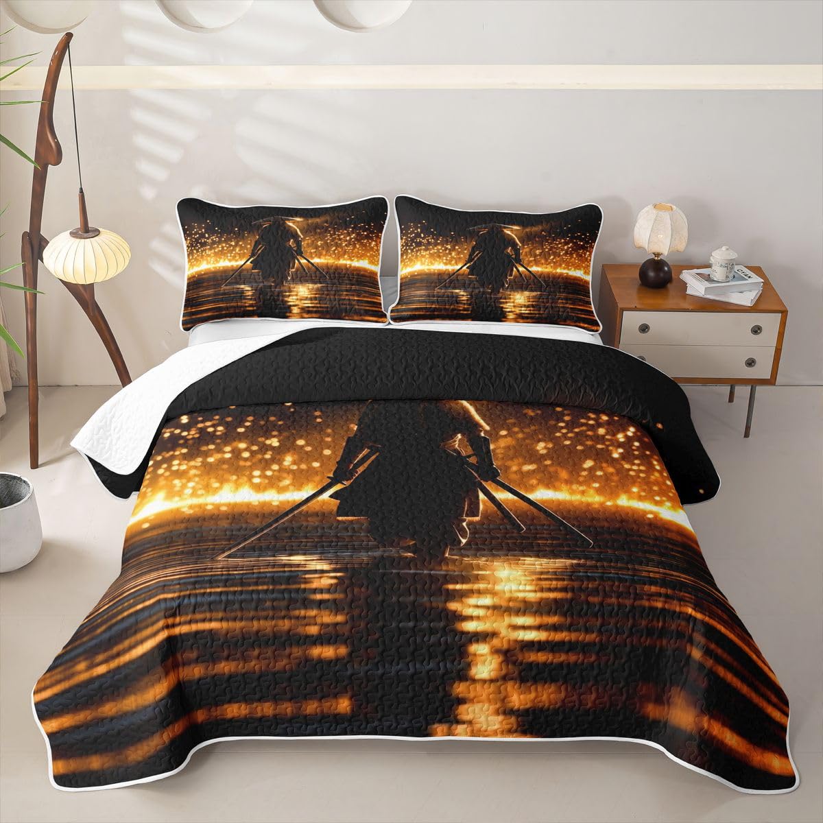 Erosebridal Samurai Quilt Twin Size - Japanese Bushido Spirit Bedspread Black and Gold Warrior Bed Coverlet with 1 Pillowcase