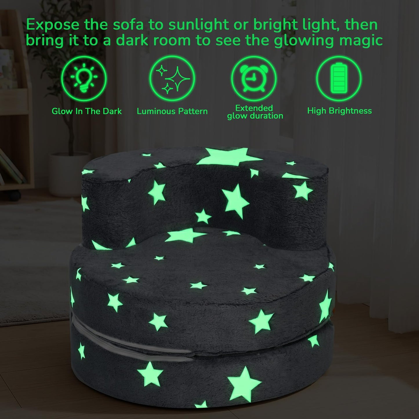 MeMoreCool Star Kids Chair, Flip-Open Kids Couch, Glow Print, Grey